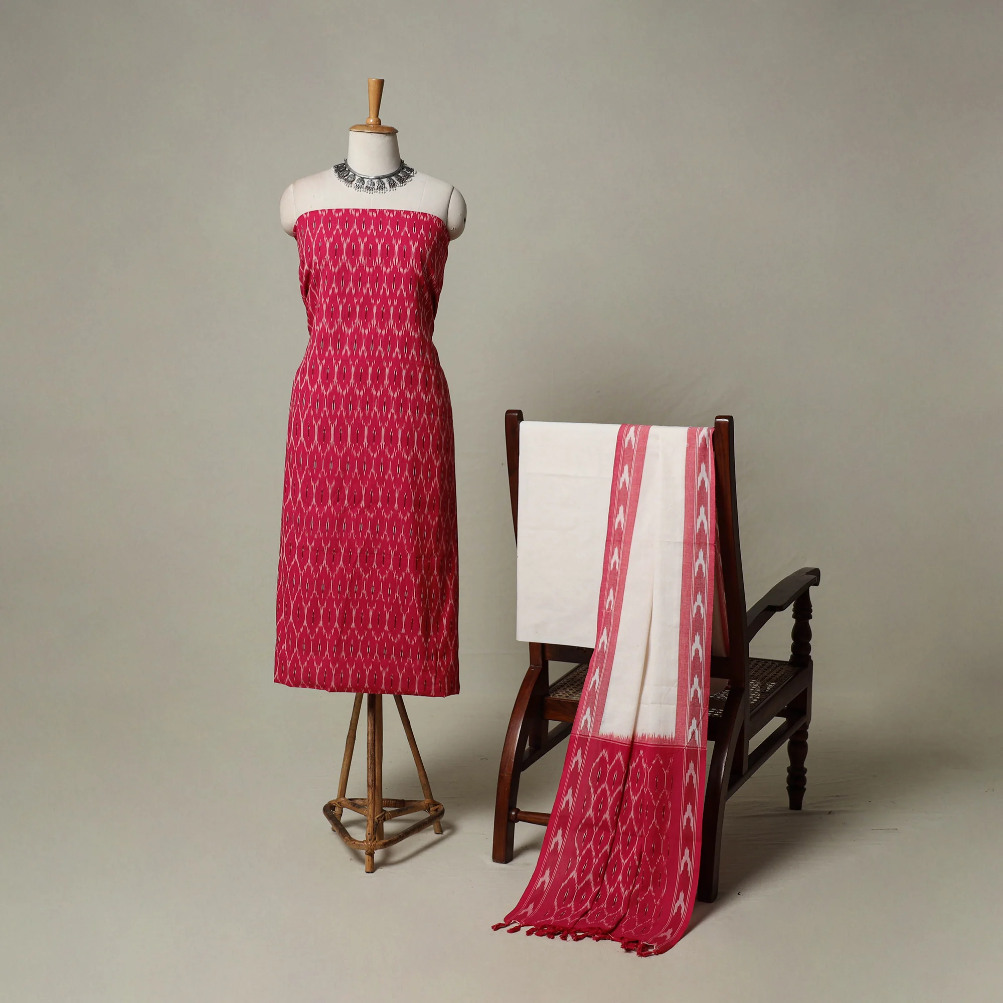 Pink - Pochampally Ikat Weave 3pc Cotton Unstitched Dress Material Suit Set 09 - Image 2