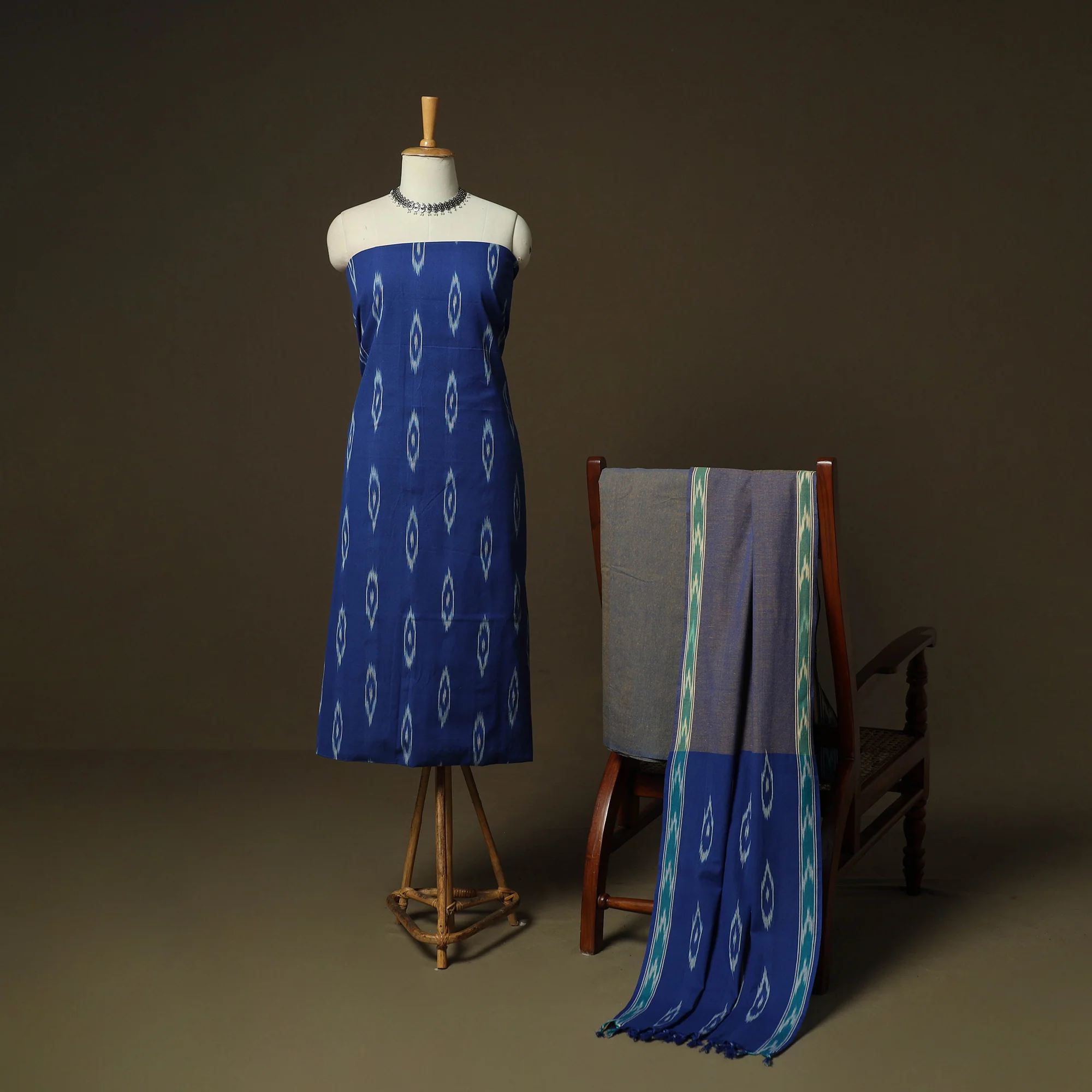 Blue - Pochampally Ikat Weave 3pc Cotton Unstitched Dress Material Suit Set 10 - Image 2