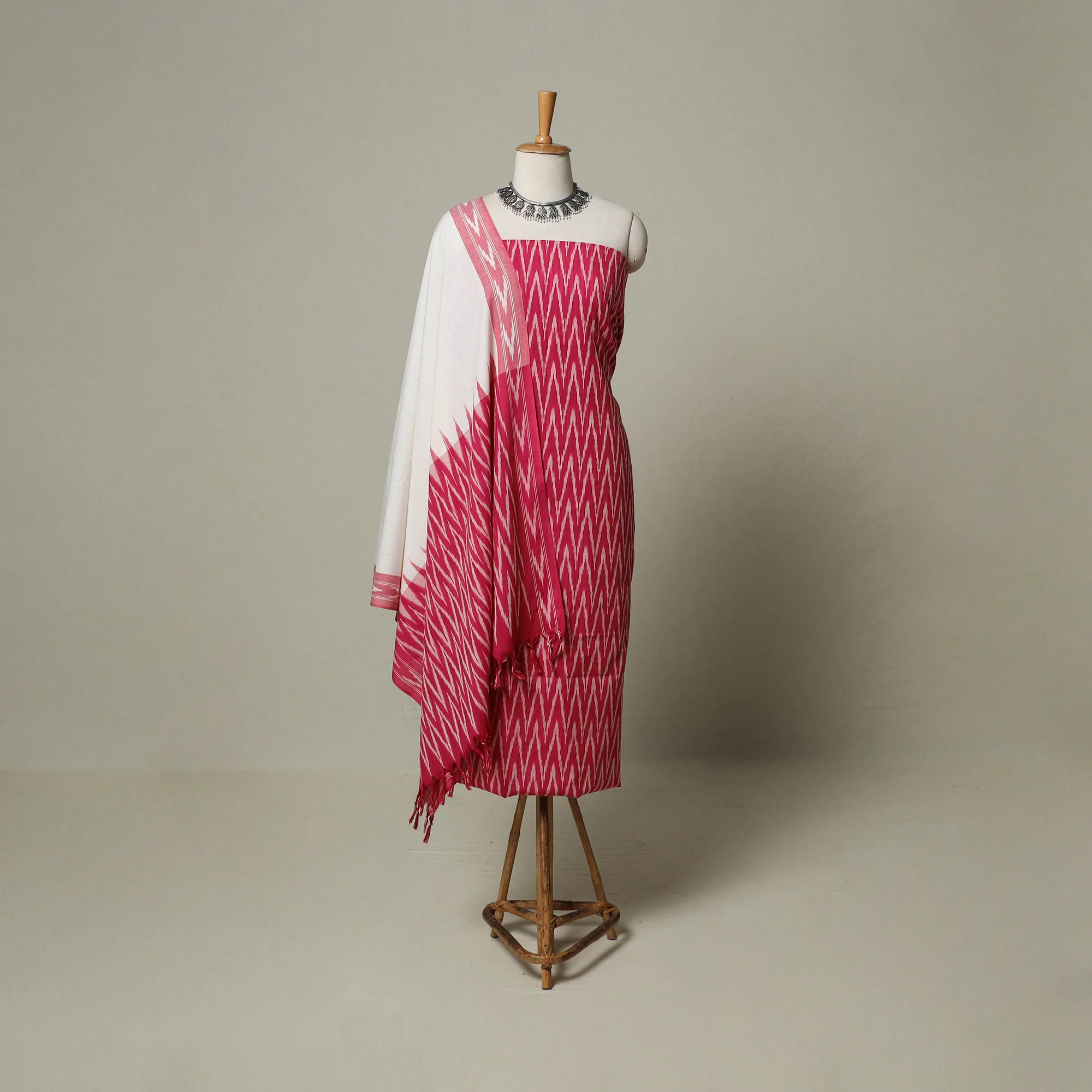 Pink - Pochampally Ikat Weave 3pc Cotton Unstitched Dress Material Suit Set 10