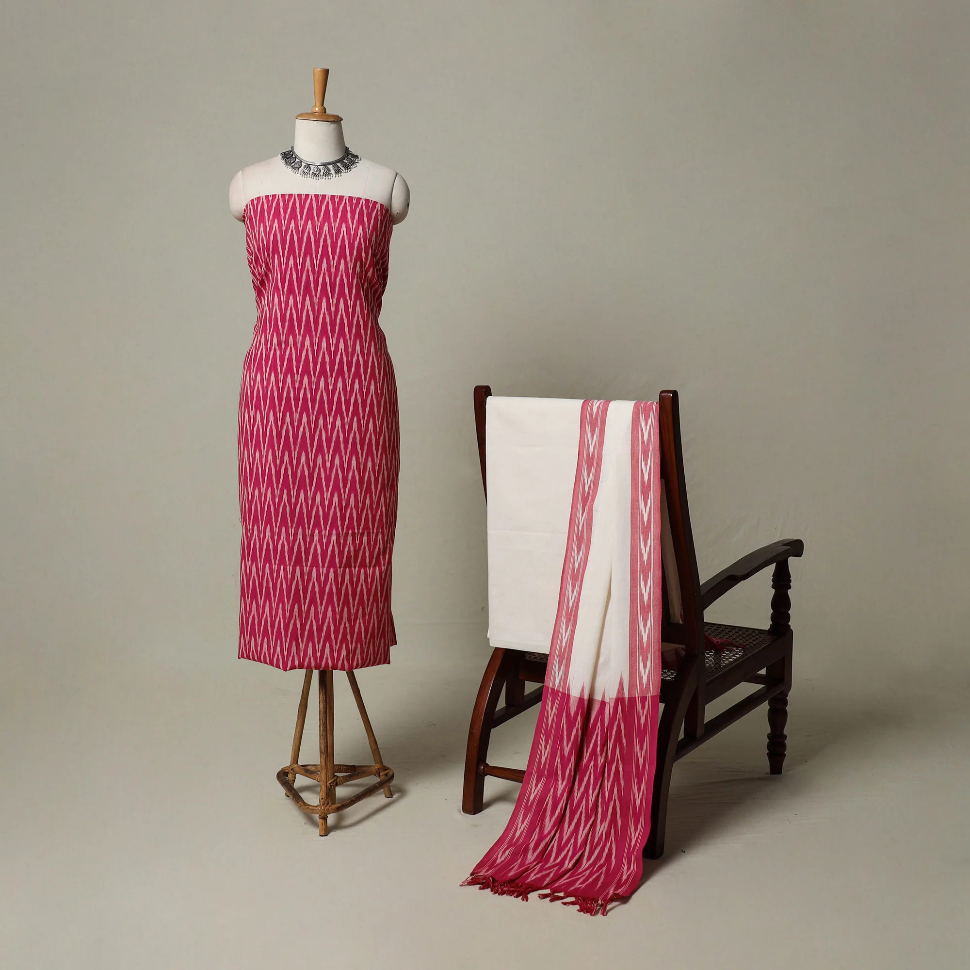 Pink - Pochampally Ikat Weave 3pc Cotton Unstitched Dress Material Suit Set 10 - Image 2