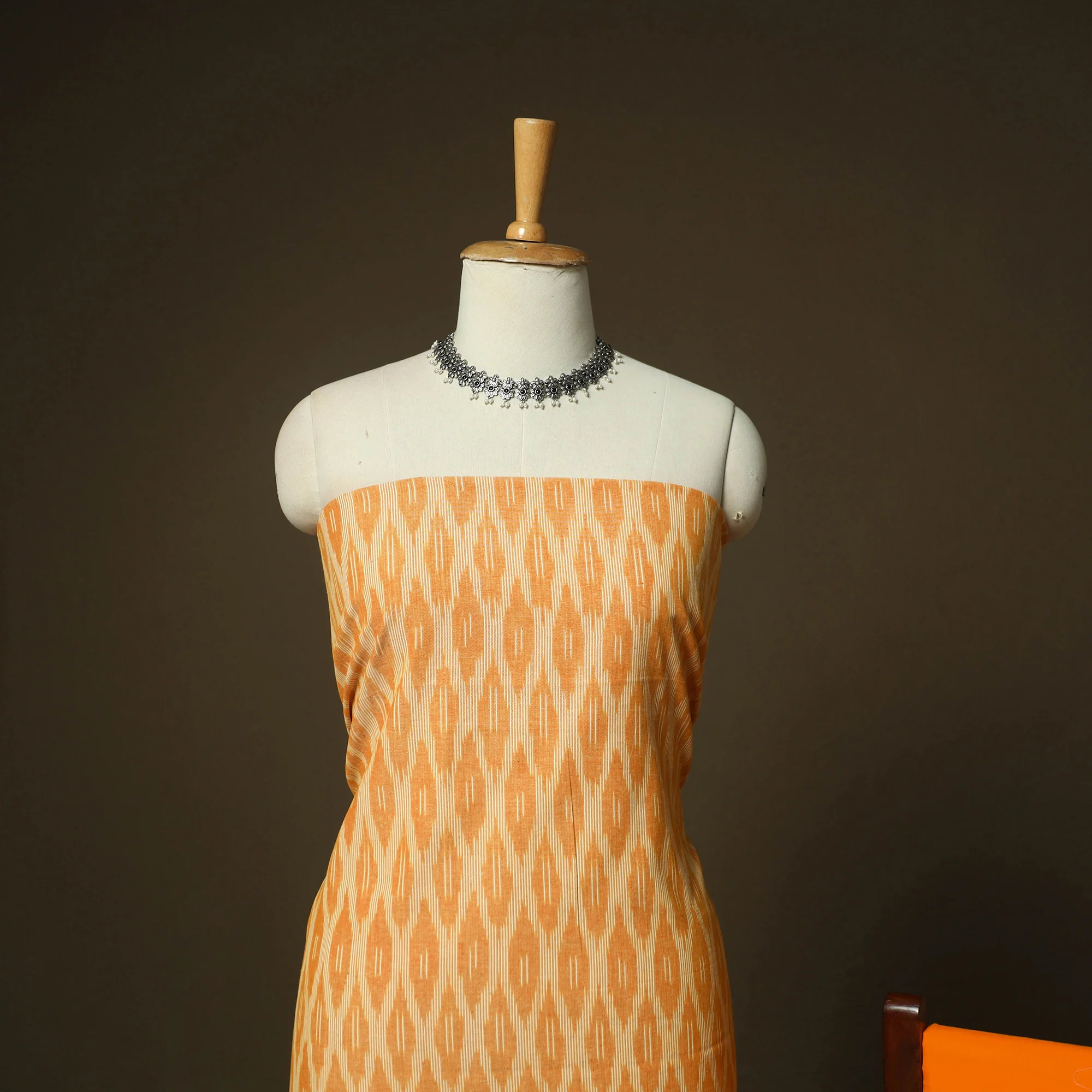 Orange - Pochampally Ikat Weave 3pc Cotton Unstitched Dress Material Suit Set 13 - Image 3