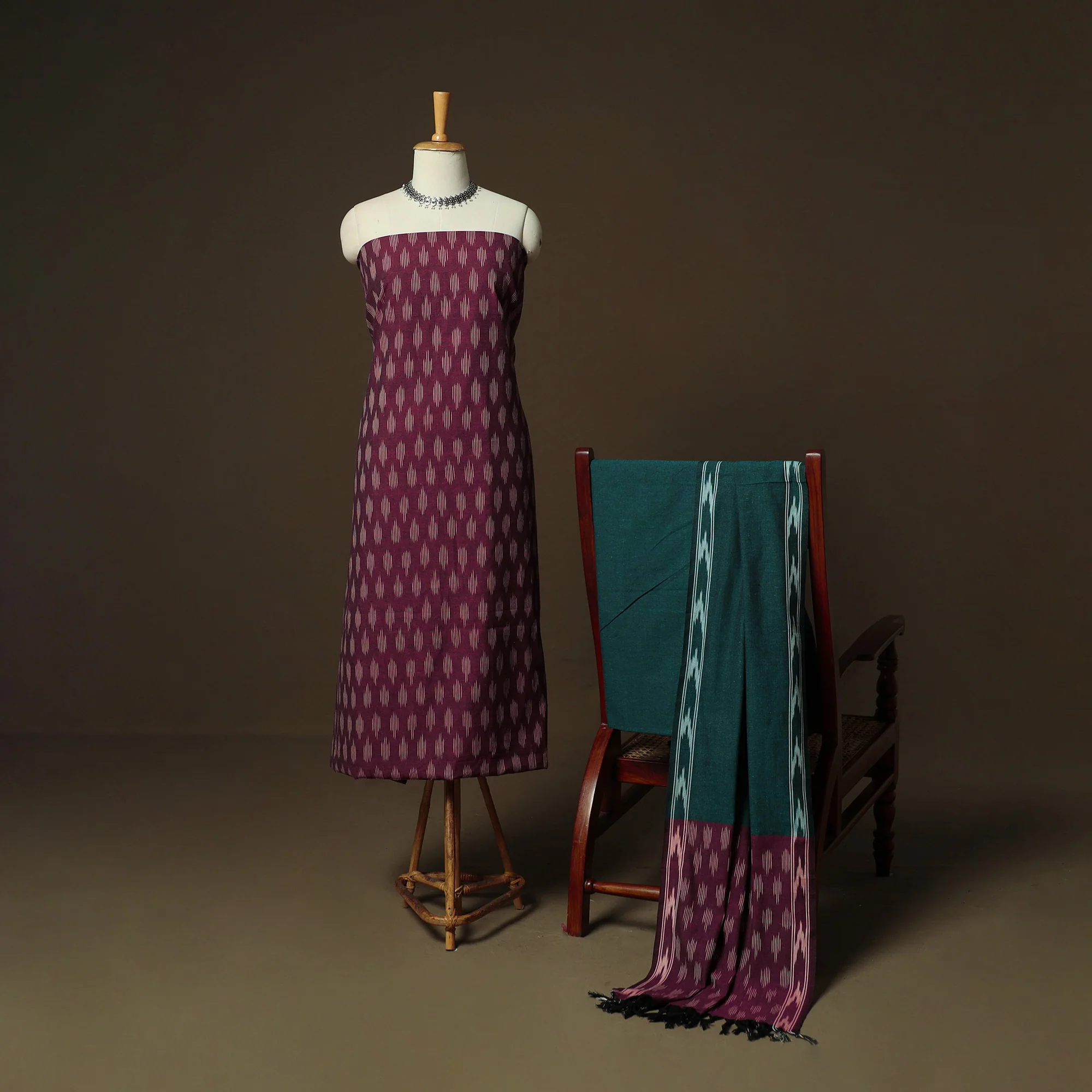Purple - Pochampally Ikat Weave 3pc Cotton Unstitched Dress Material Suit Set 24 - Image 2