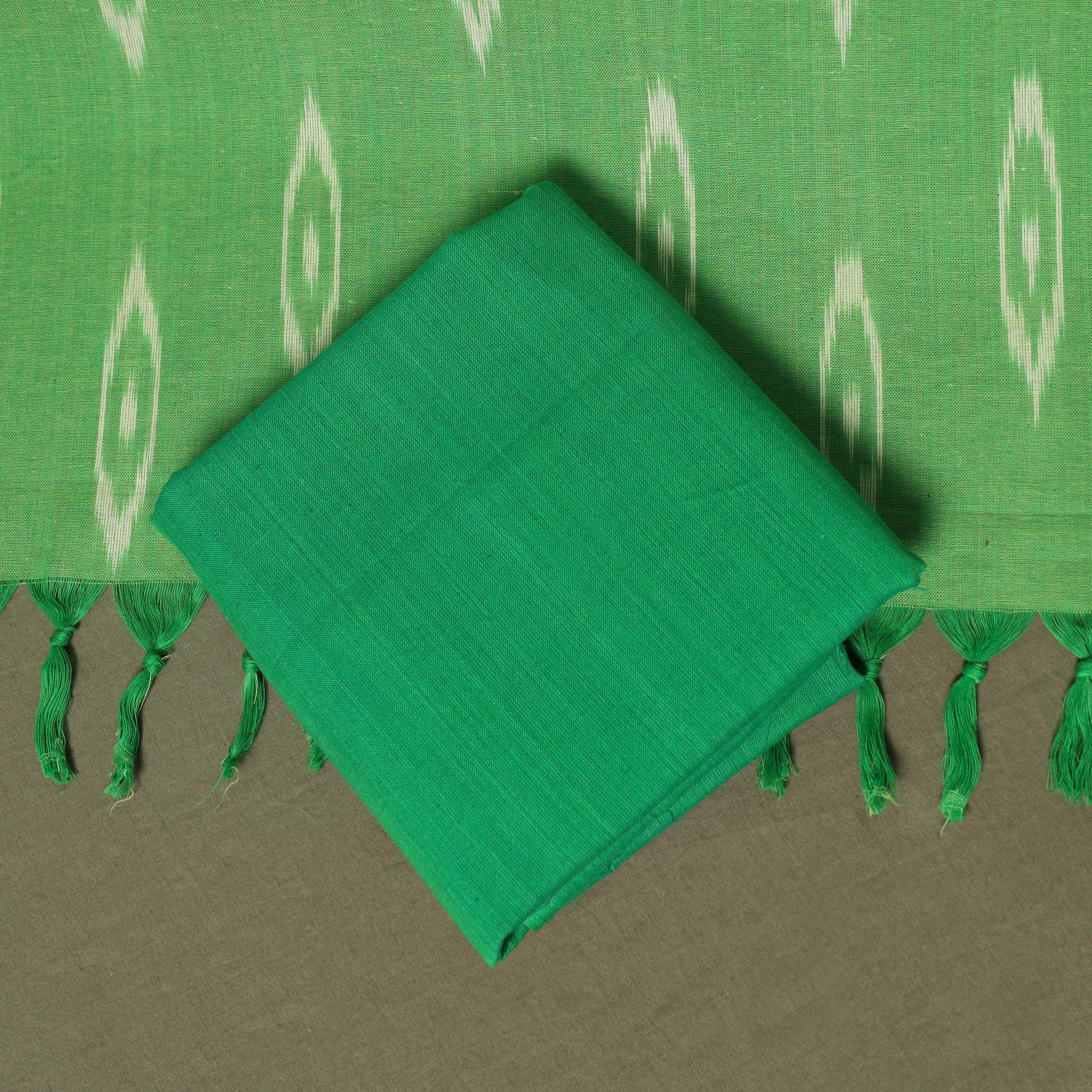 Green - Pochampally Ikat Weave 3pc Cotton Unstitched Dress Material Suit Set 43 - Image 5