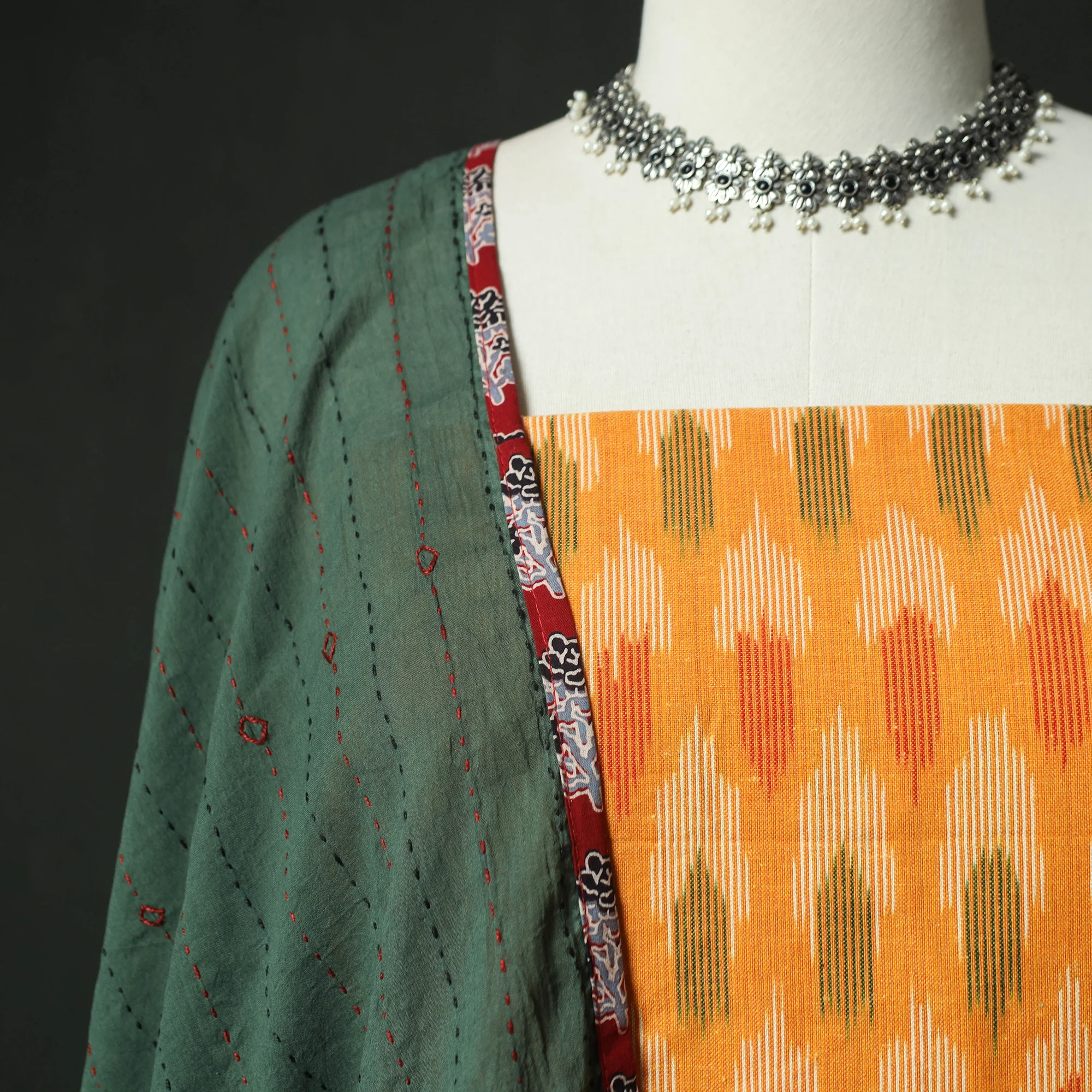 Pochampally Ikat Weave Cotton 2pc Unstitched Dress Material Kurta Set 13 - Image 3