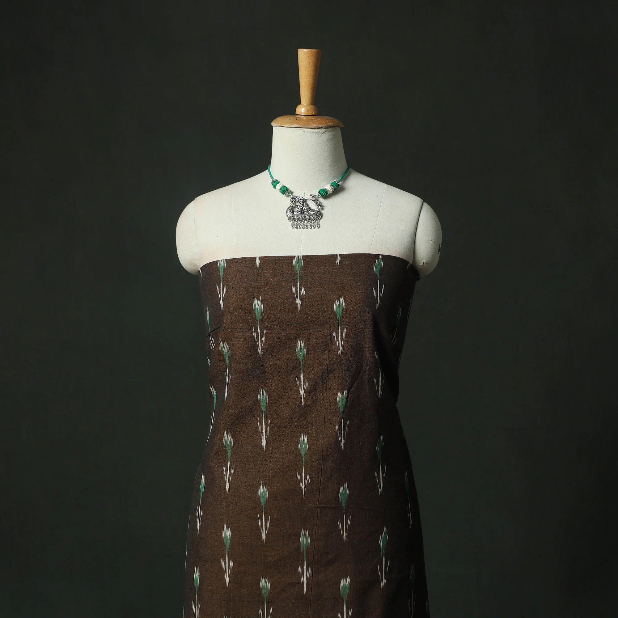 Brown - Pochampally Ikat Weave Cotton 2pc Unstitched Dress Material Kurta Set with Jewellery 01 - Image 2