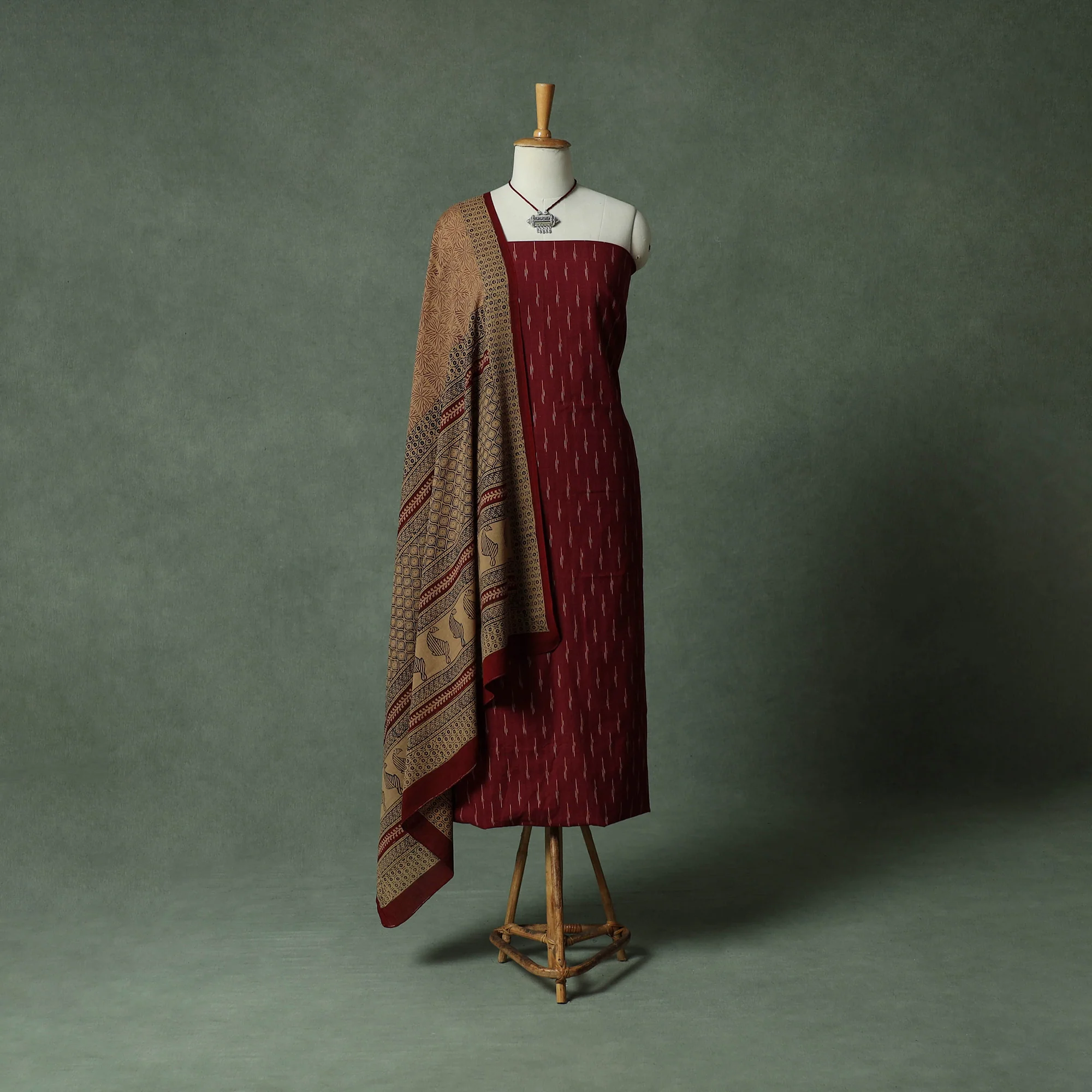 Maroon - Pochampally Ikat Weave Cotton 2pc Unstitched Dress Material Kurta Set with Jewellery 08