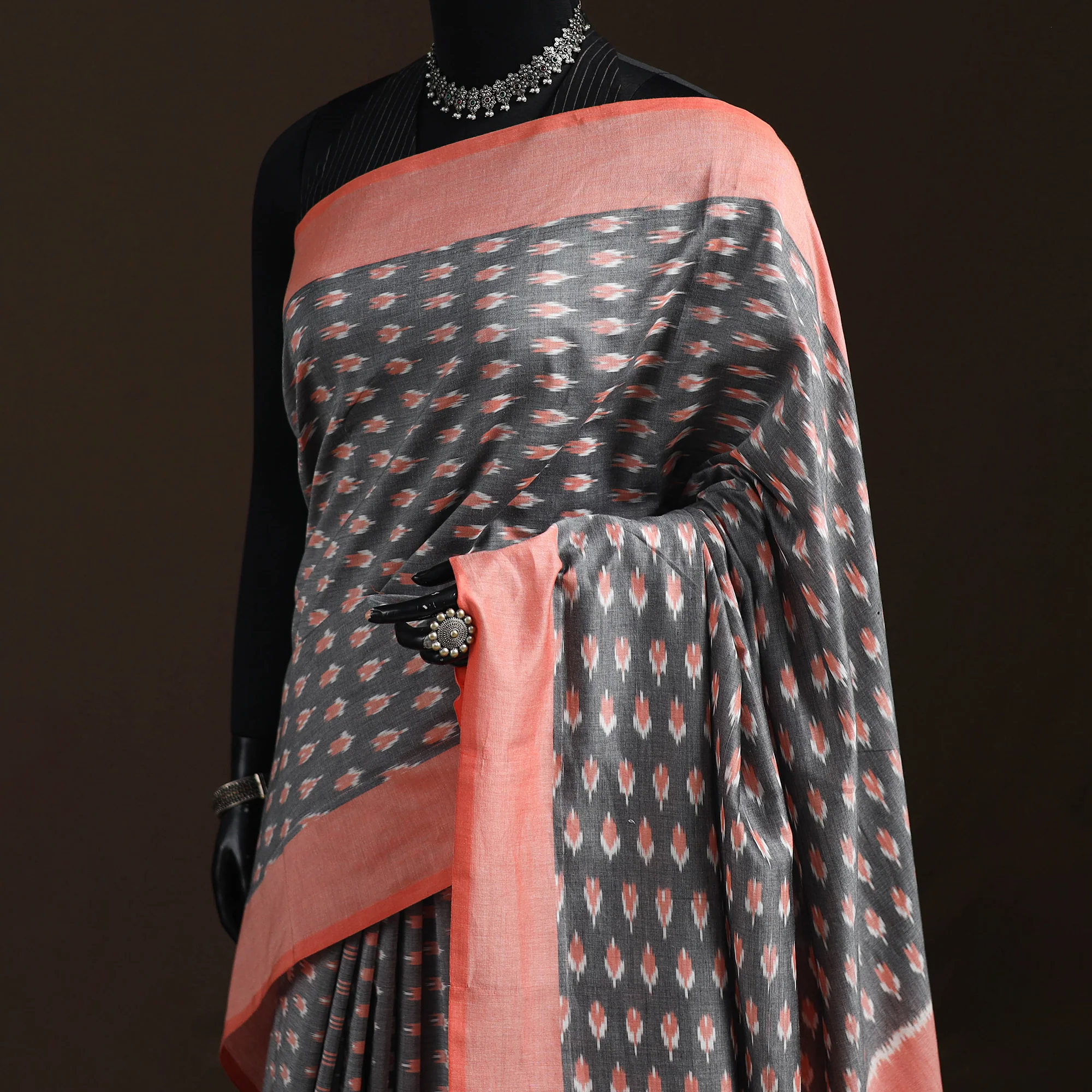 Green - Grey - Pochampally Ikat Weave Mercerised Cotton Saree 05 - Image 2