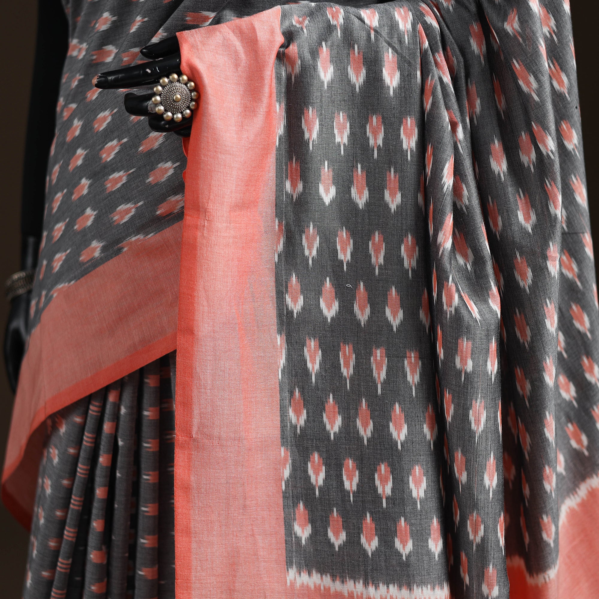 Green - Grey - Pochampally Ikat Weave Mercerised Cotton Saree 05 - Image 3