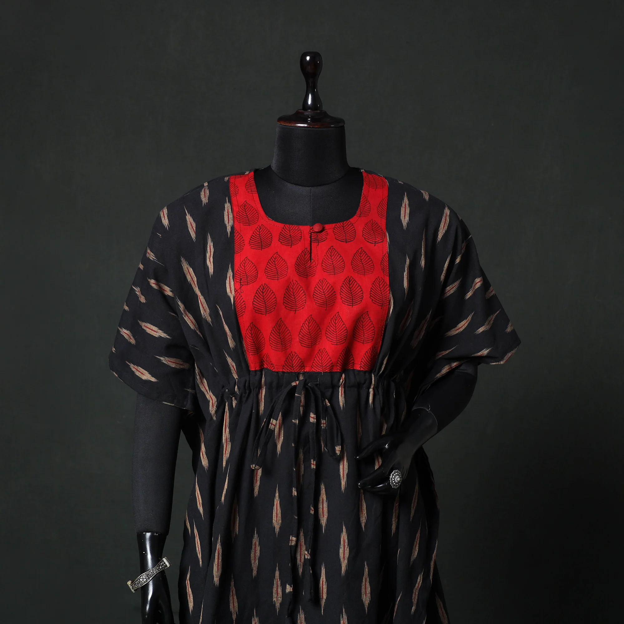 Black -  Pochampally Ikat Weave Patchwork Cotton Kaftan (Short) 87 - Image 2