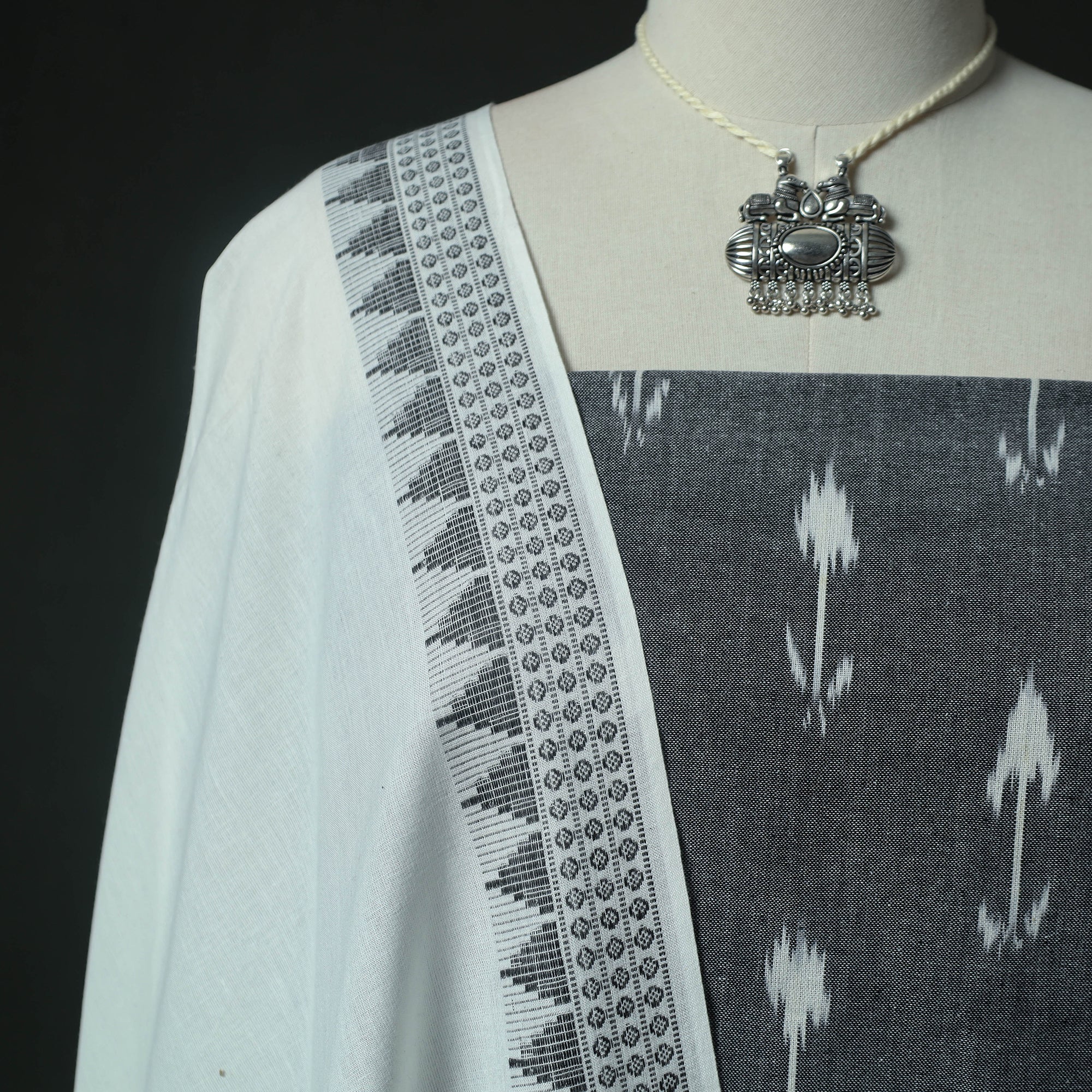 Pochampally Ikat Woven 2pc Cotton Unstitched Dress Material Kurta Set with Jewellery 12 - Image 3
