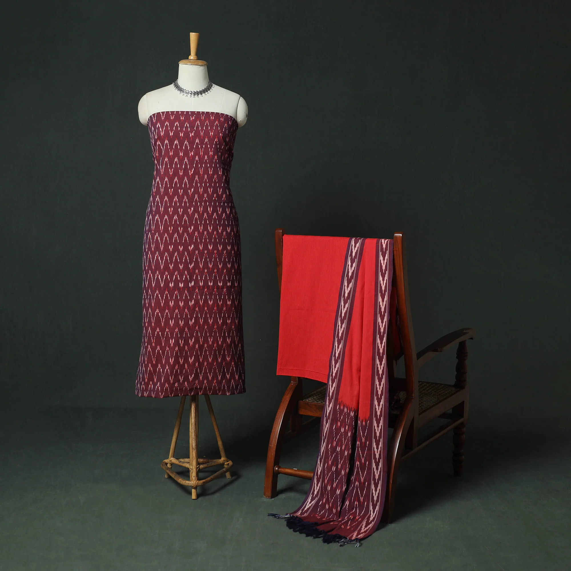 Pochampally Ikat Woven Cotton 3pc Unstitched Dress Material Suit Set 11 - Image 2