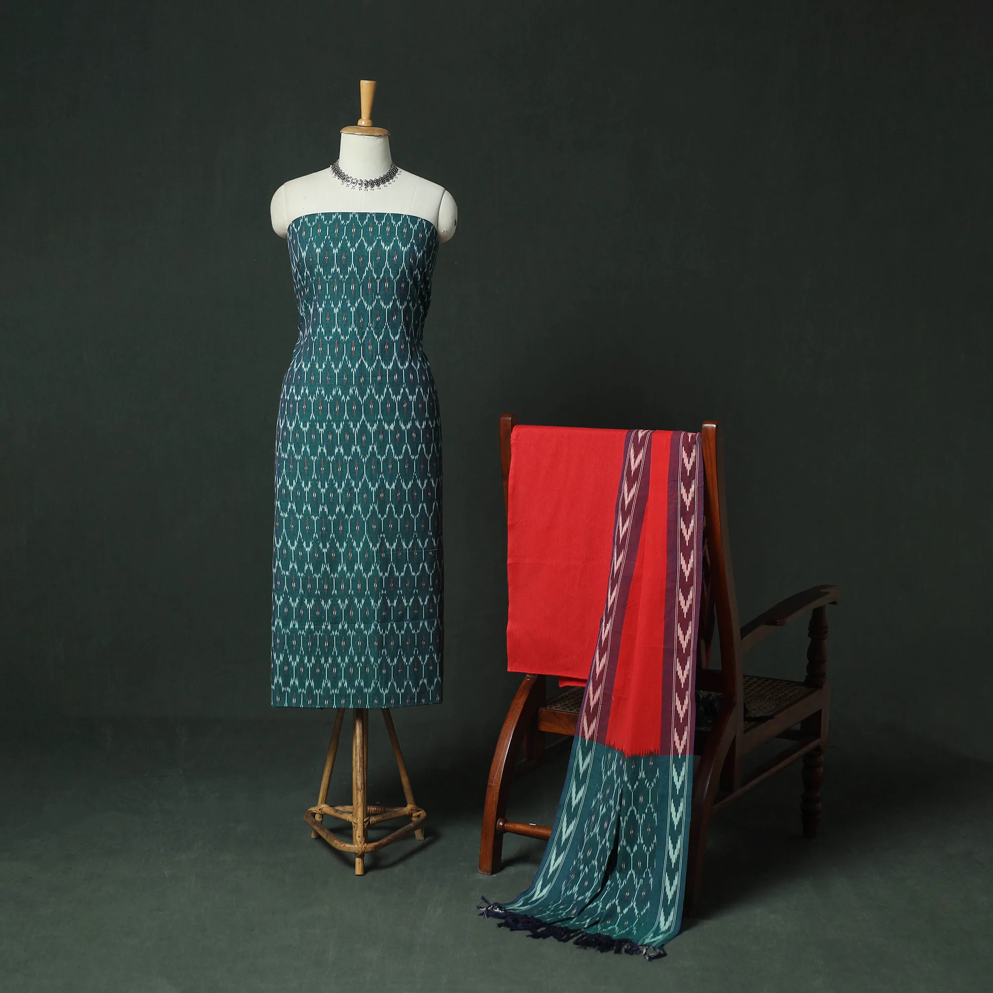 Pochampally Ikat Woven Cotton 3pc Unstitched Dress Material Suit Set 12 - Image 2