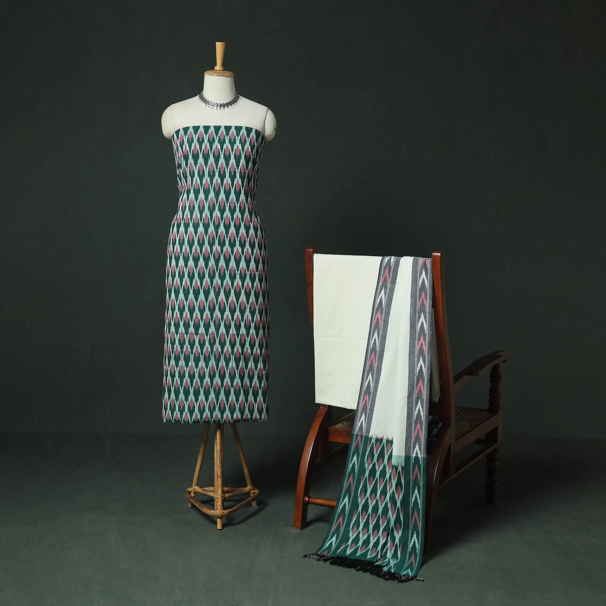 Pochampally Ikat Woven Cotton 3pc Unstitched Dress Material Suit Set 17 - Image 2