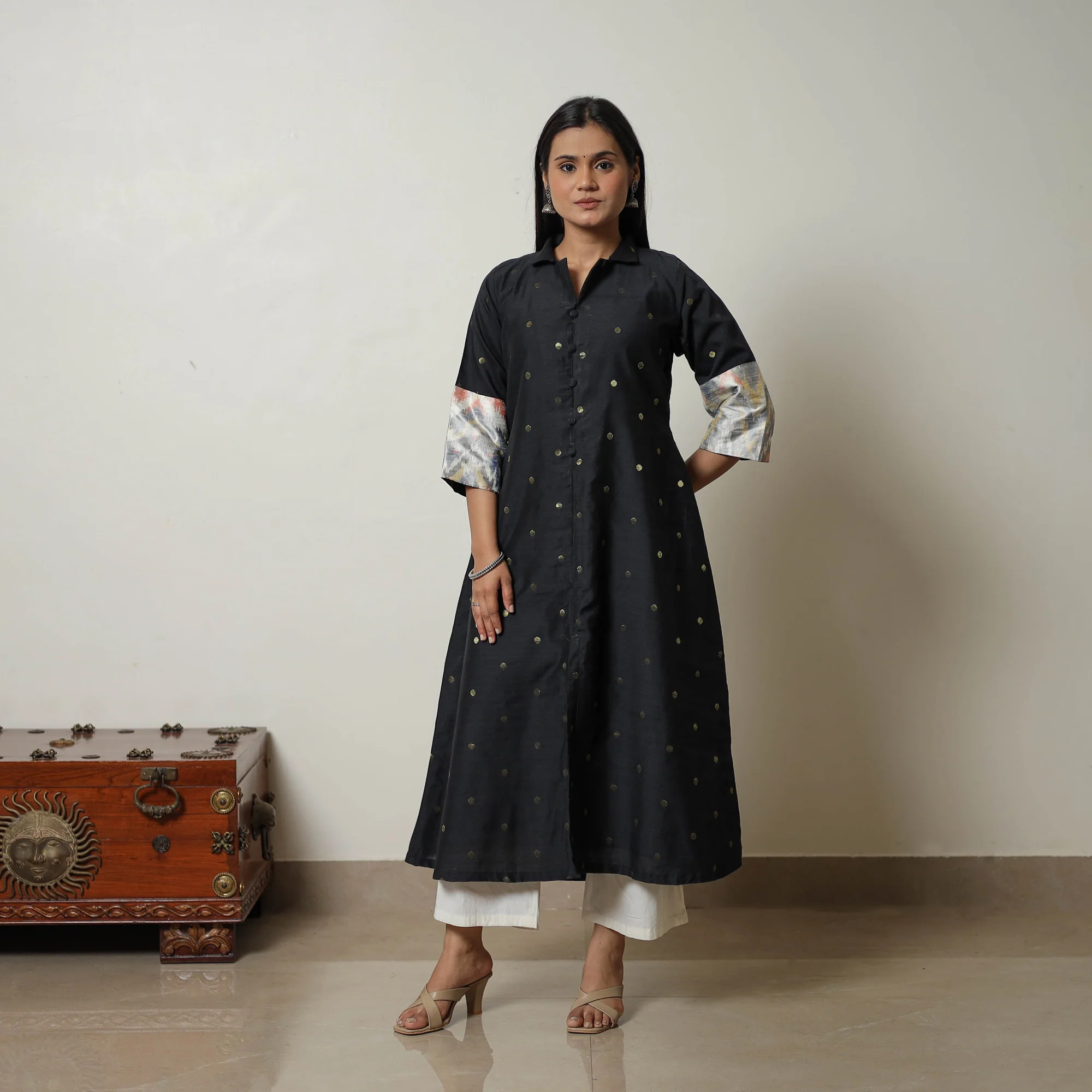 Black - Polka Zari Butta Spun Dupion Silk A-Line Plain Kurta 09 - Image 3