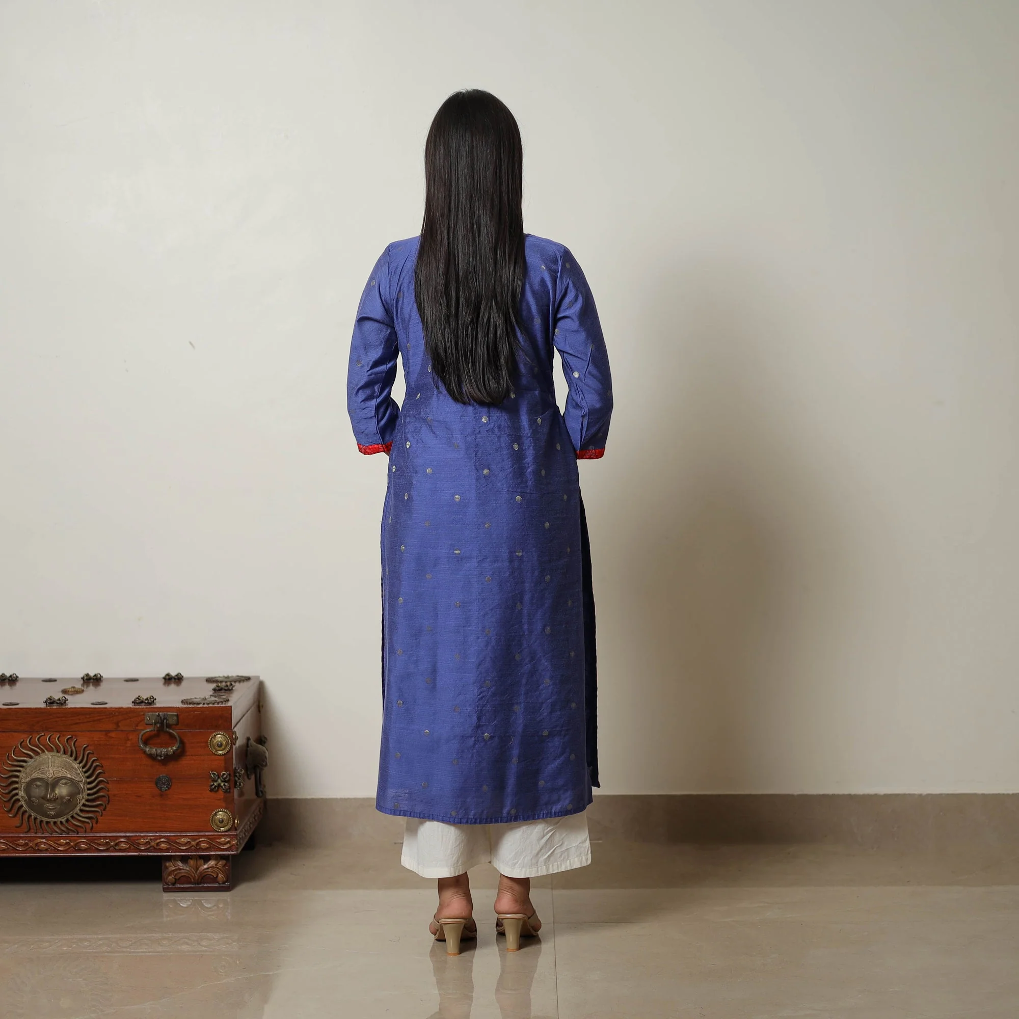 Blue - Polka Zari Butta Spun Dupion Silk Straight Plain Kurta 01 - Image 4
