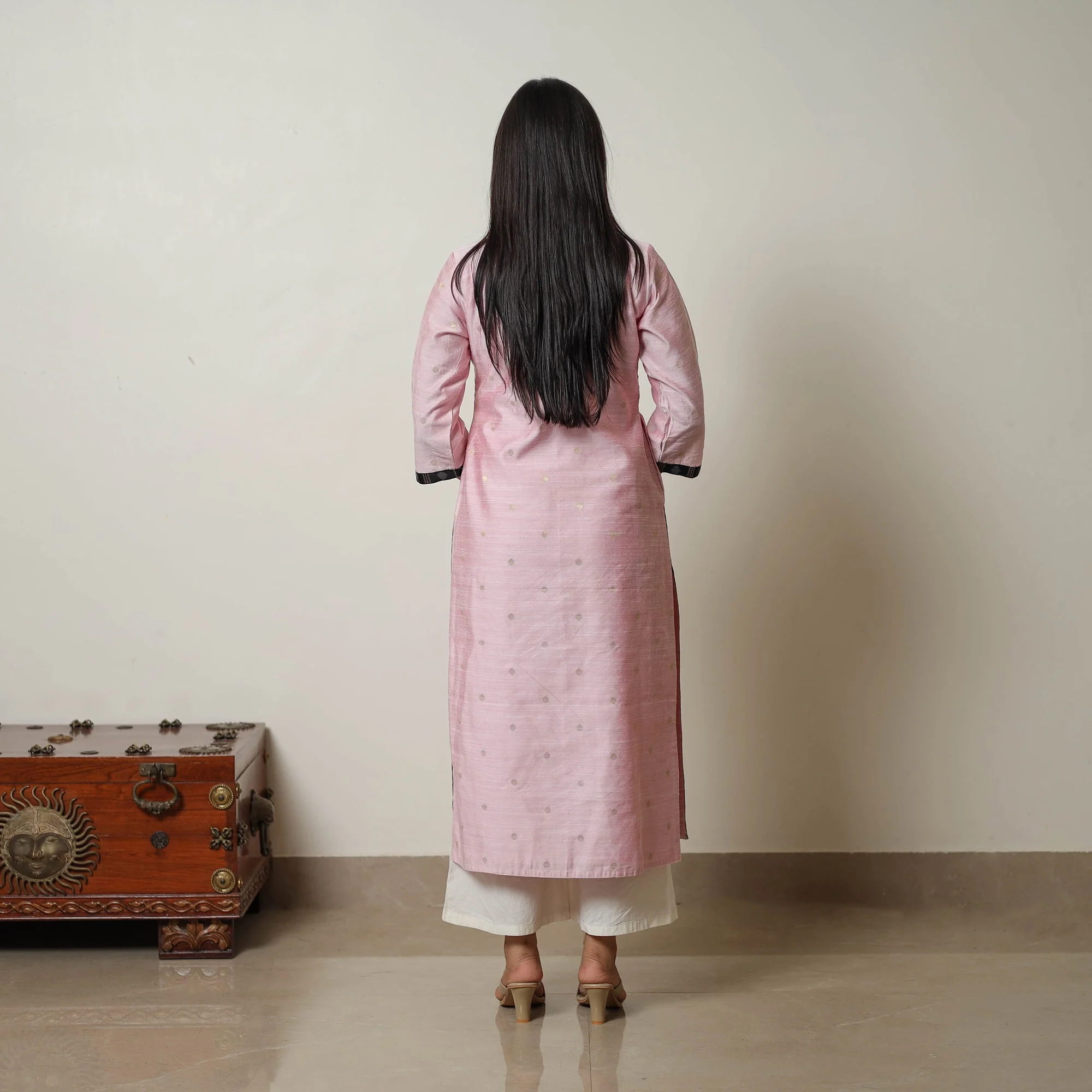Pink - Polka Zari Butta Spun Dupion Silk Straight Plain Kurta 05 - Image 4