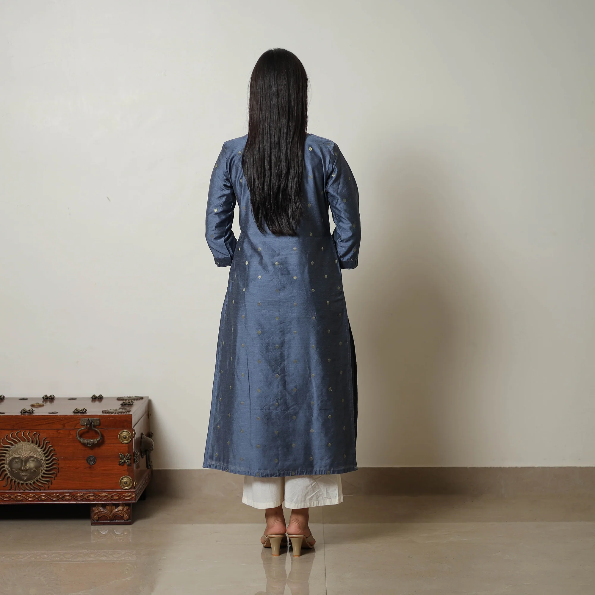 Blue - Polka Zari Butta Spun Dupion Silk Straight Plain Kurta 13 - Image 4