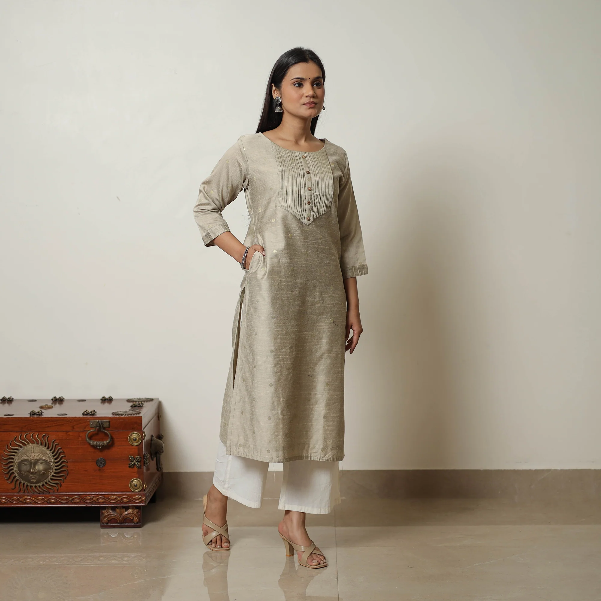 Brown - Polka Zari Butta Spun Dupion Silk Straight Plain Kurta 14 - Image 2