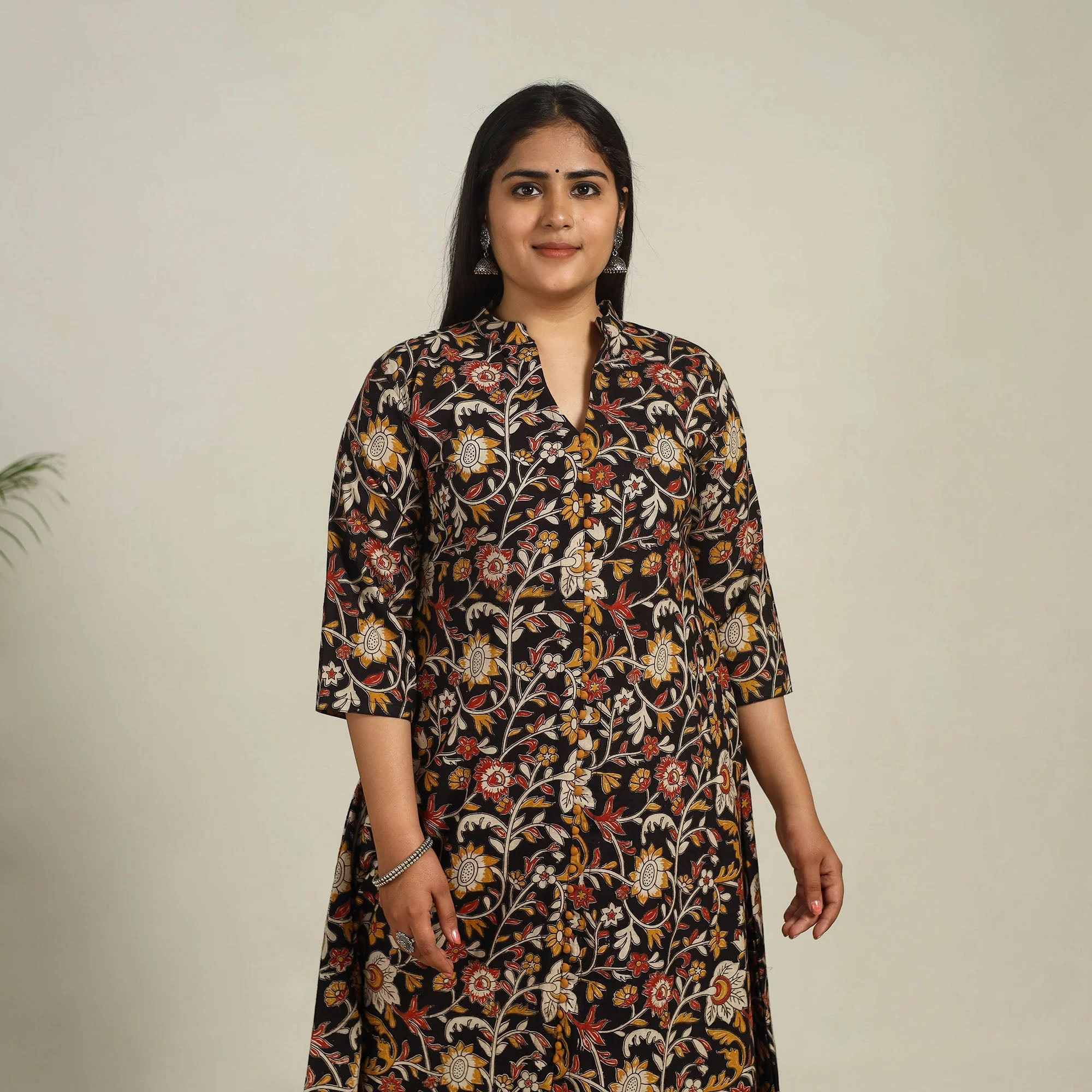 Black - Printed Cotton A-Line Kalamkari Kurta 07