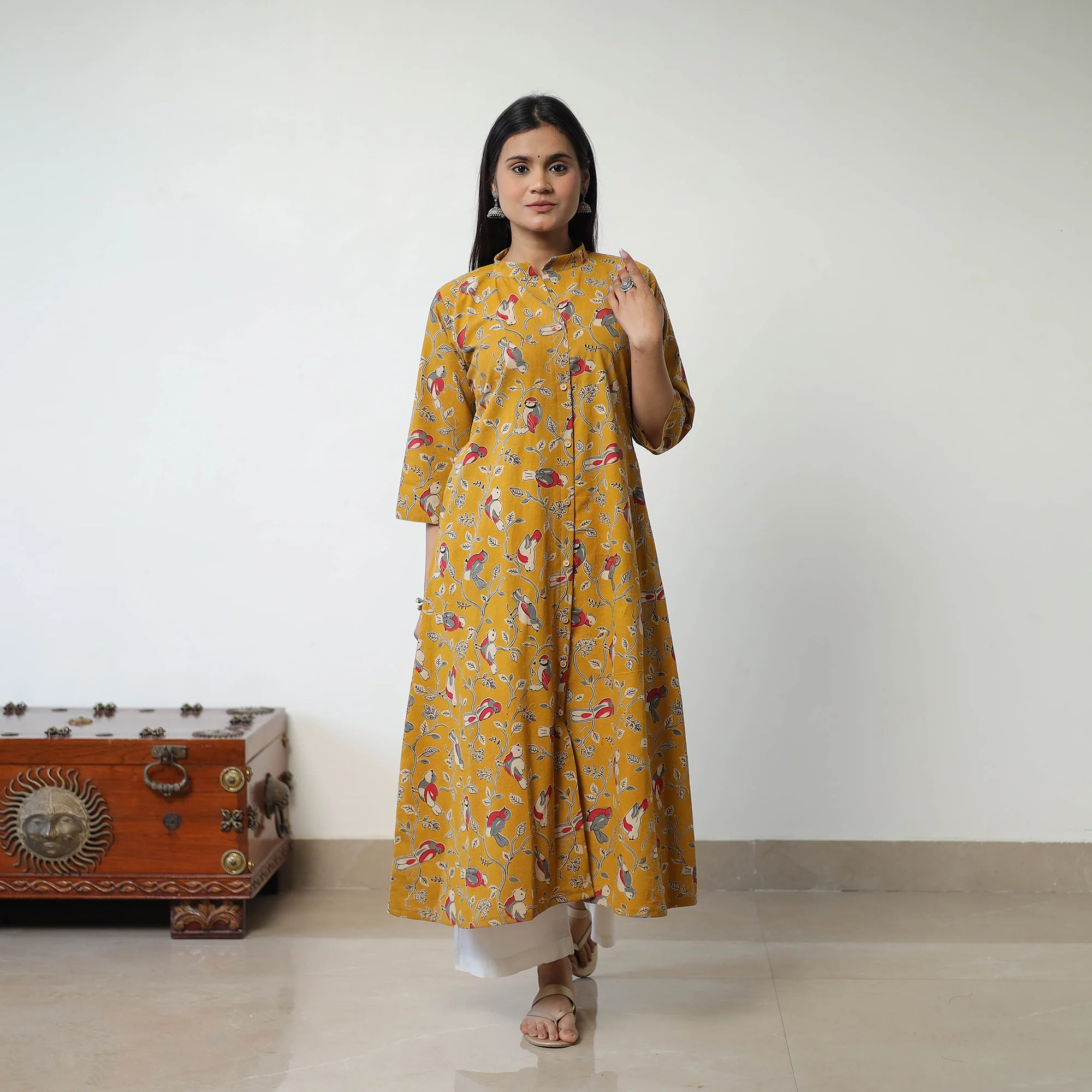 Yellow - Printed Cotton A-Line Kalamkari Kurta 13 - Image 2