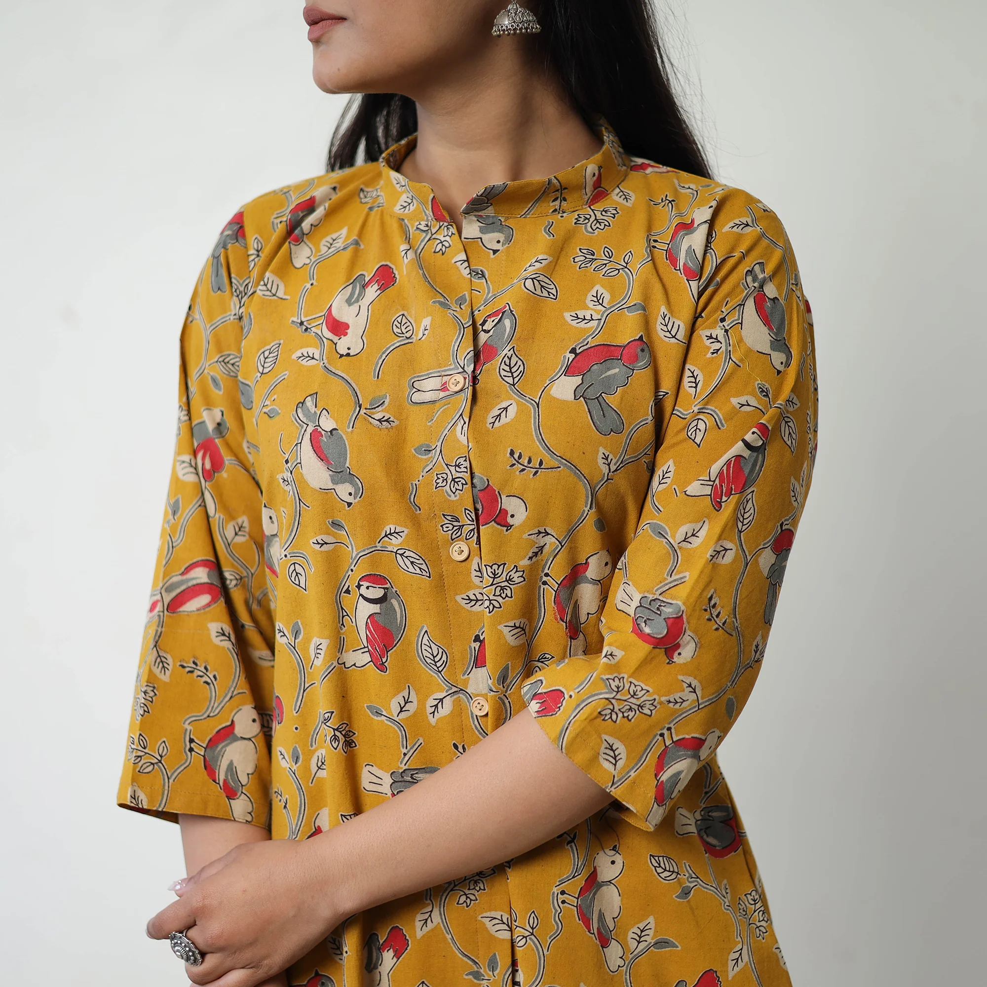 Yellow - Printed Cotton A-Line Kalamkari Kurta 13 - Image 5