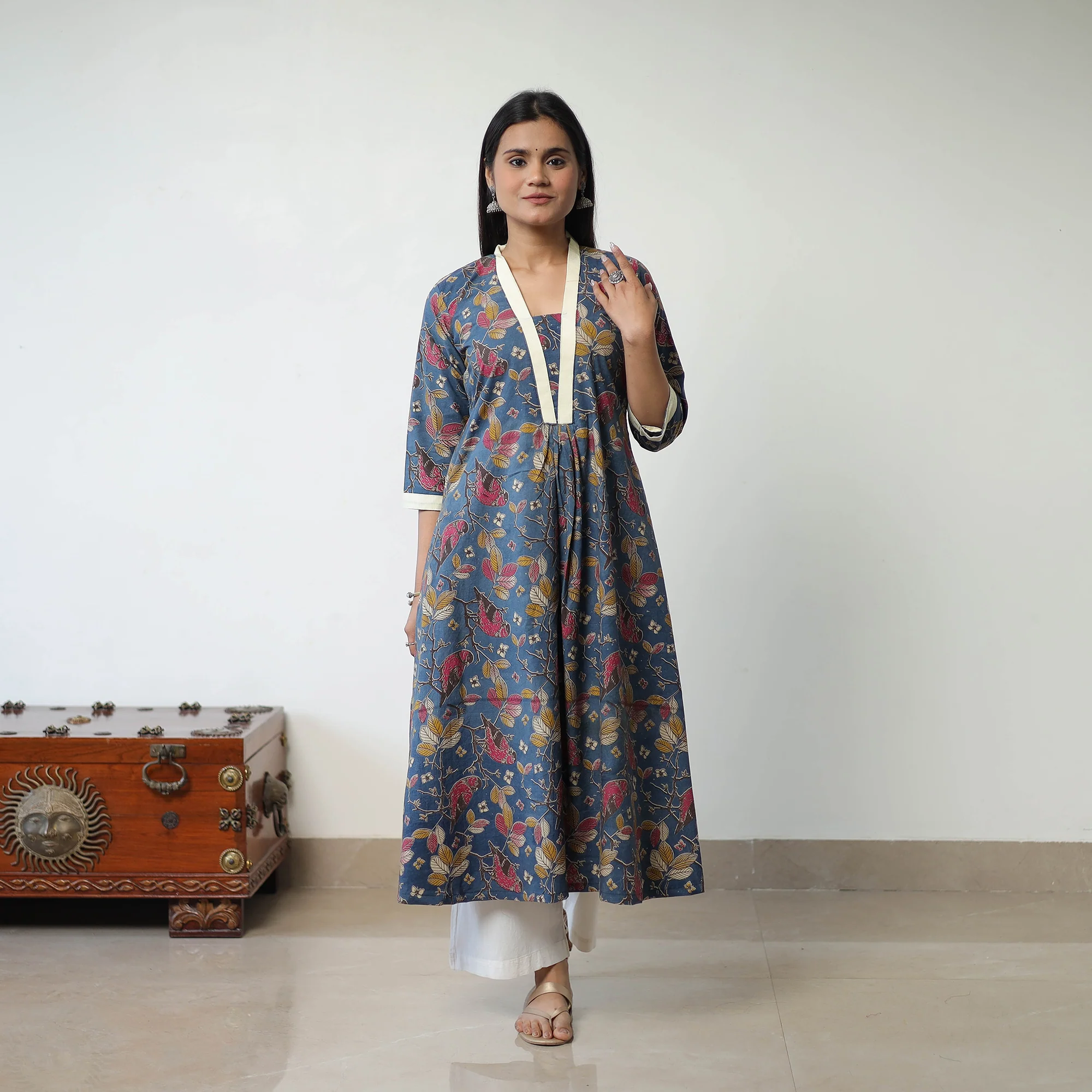 Blue - Printed Cotton Flared Kalamkari Kurta with Patchwork 01 - Image 2