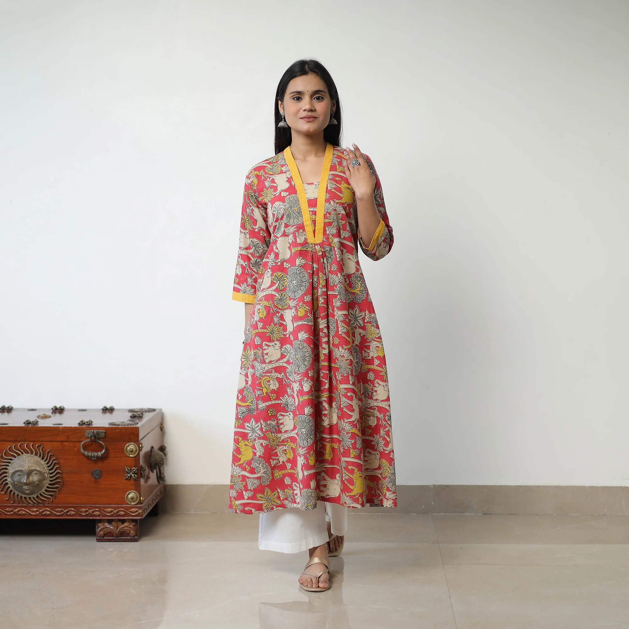 Pink - Printed Cotton Flared Kalamkari Kurta with Patchwork 02 - Image 2