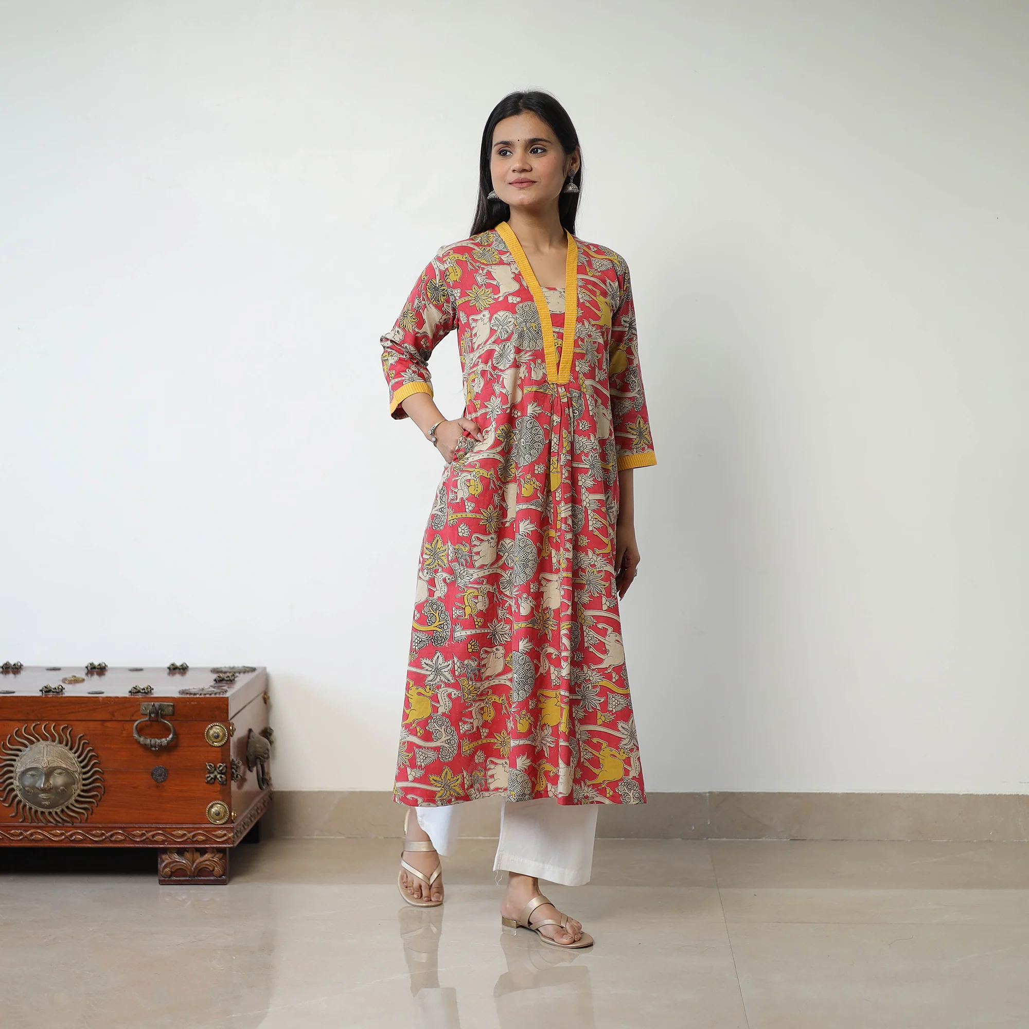 Pink - Printed Cotton Flared Kalamkari Kurta with Patchwork 02 - Image 3