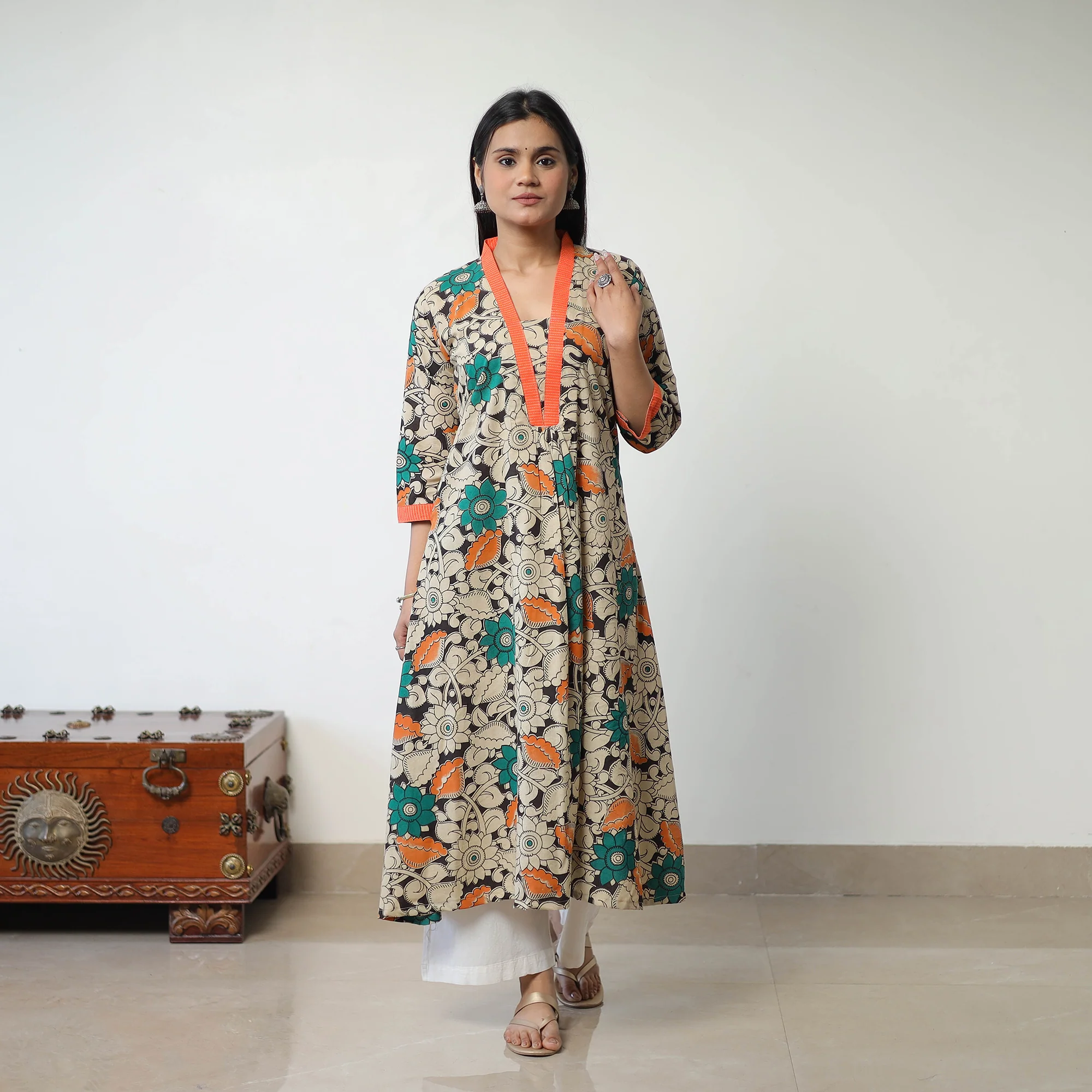 Beige - Printed Cotton Flared Kalamkari Kurta with Patchwork 03 - Image 2