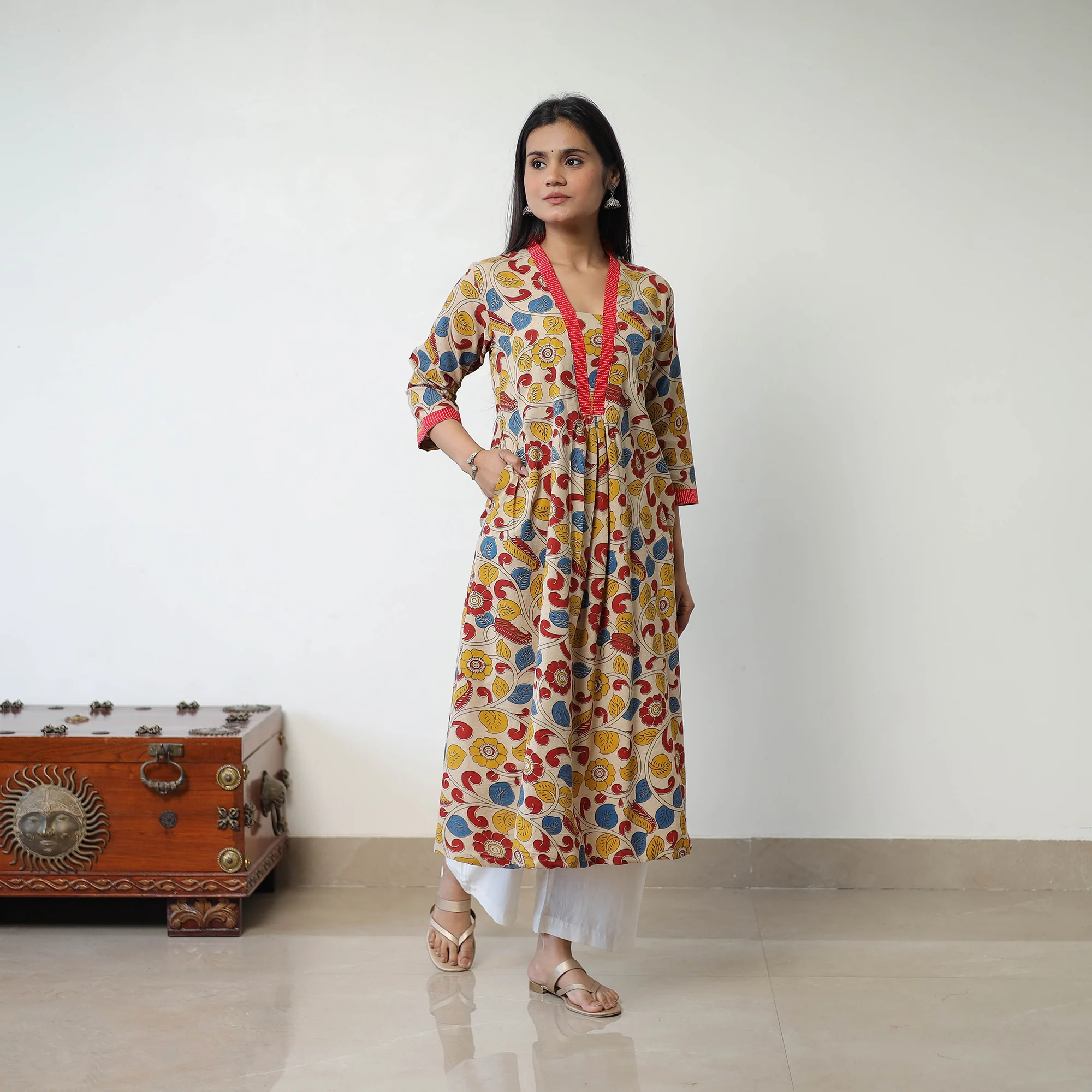 Beige - Printed Cotton Flared Kalamkari Kurta 04 - Image 3