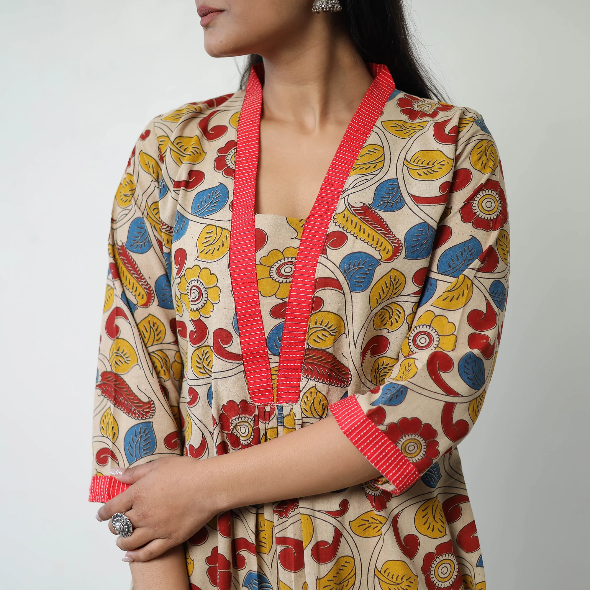 Beige - Printed Cotton Flared Kalamkari Kurta 04 - Image 5