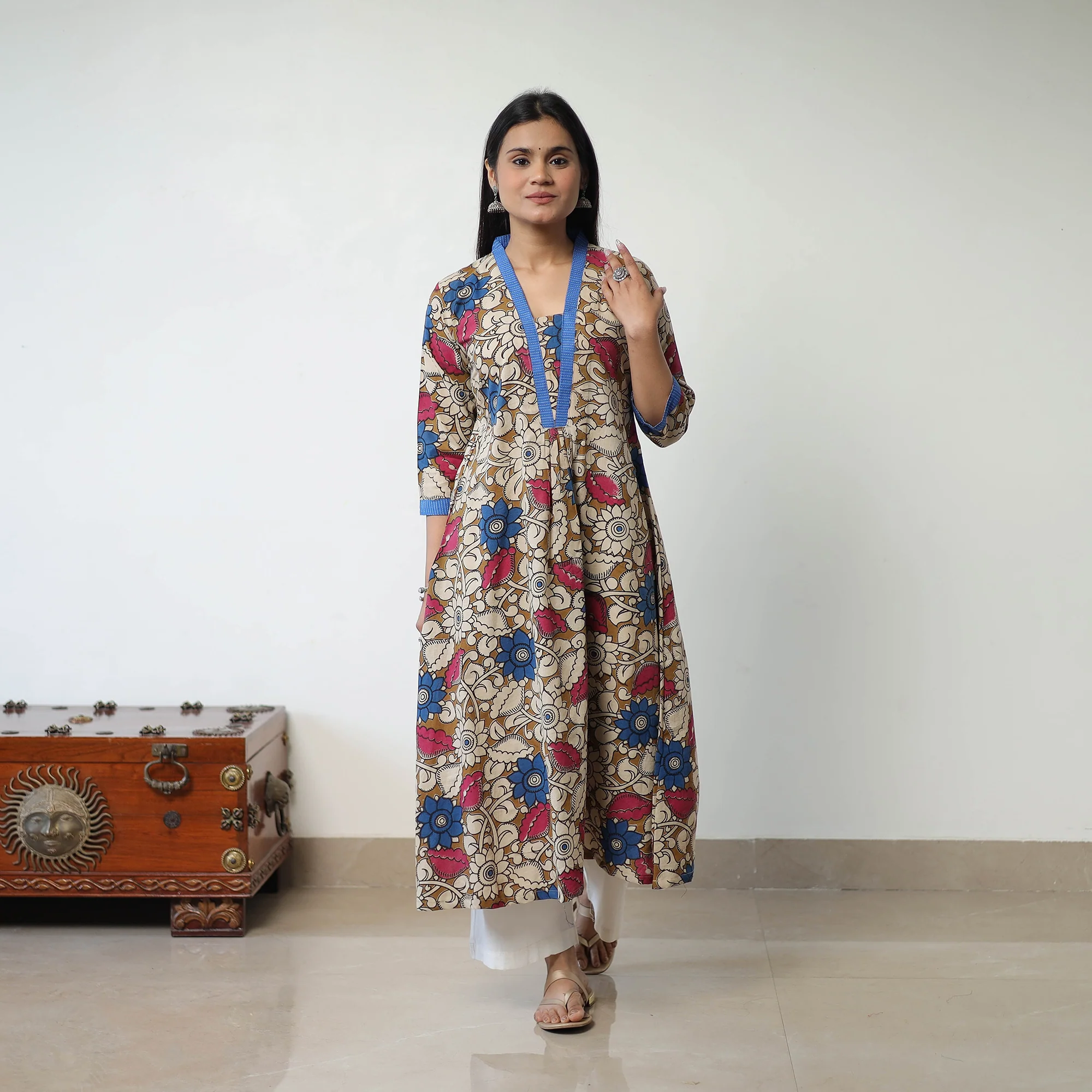 Brown - Printed Cotton Flared Kalamkari Kurta with Patchwork 05 - Image 2