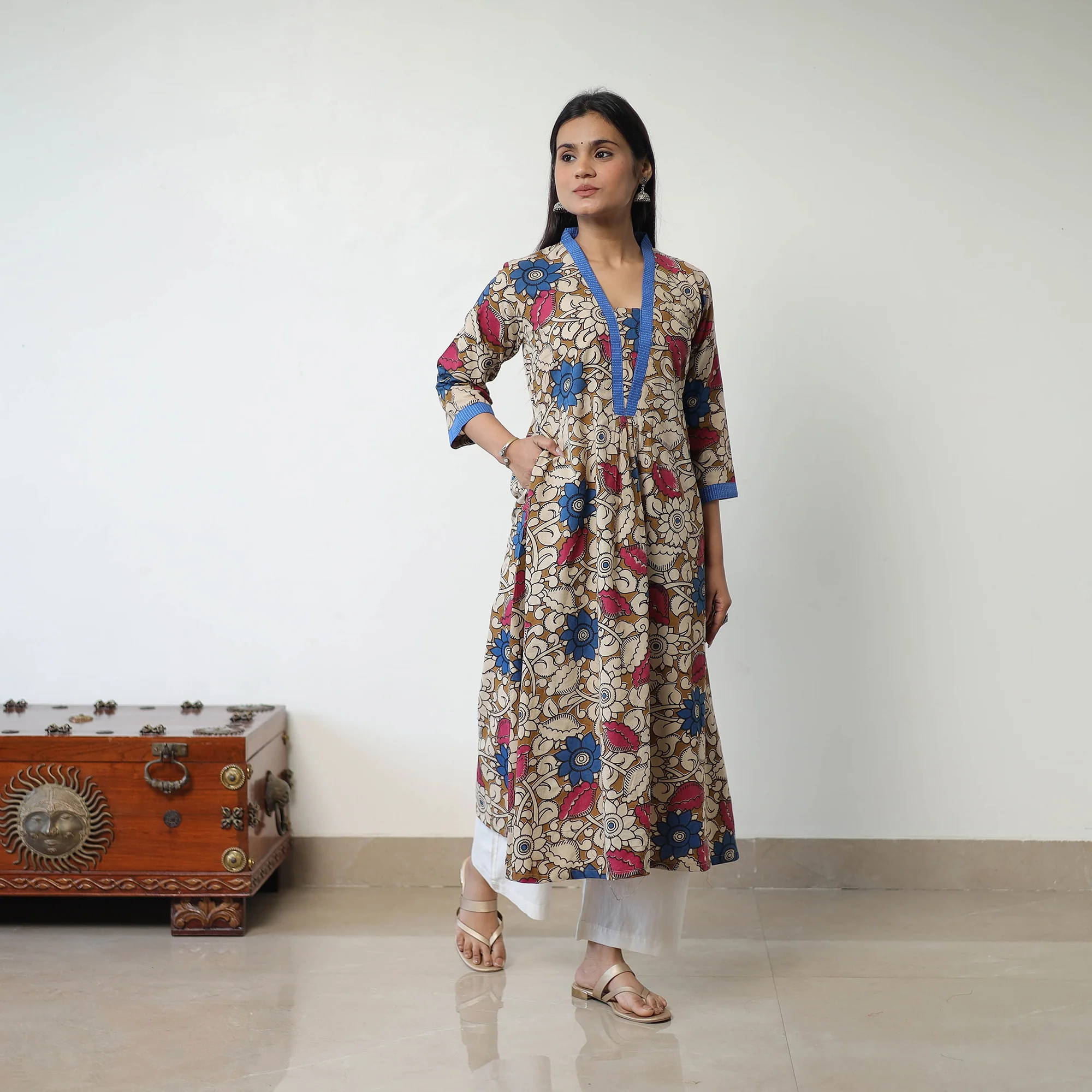 Brown - Printed Cotton Flared Kalamkari Kurta with Patchwork 05 - Image 3