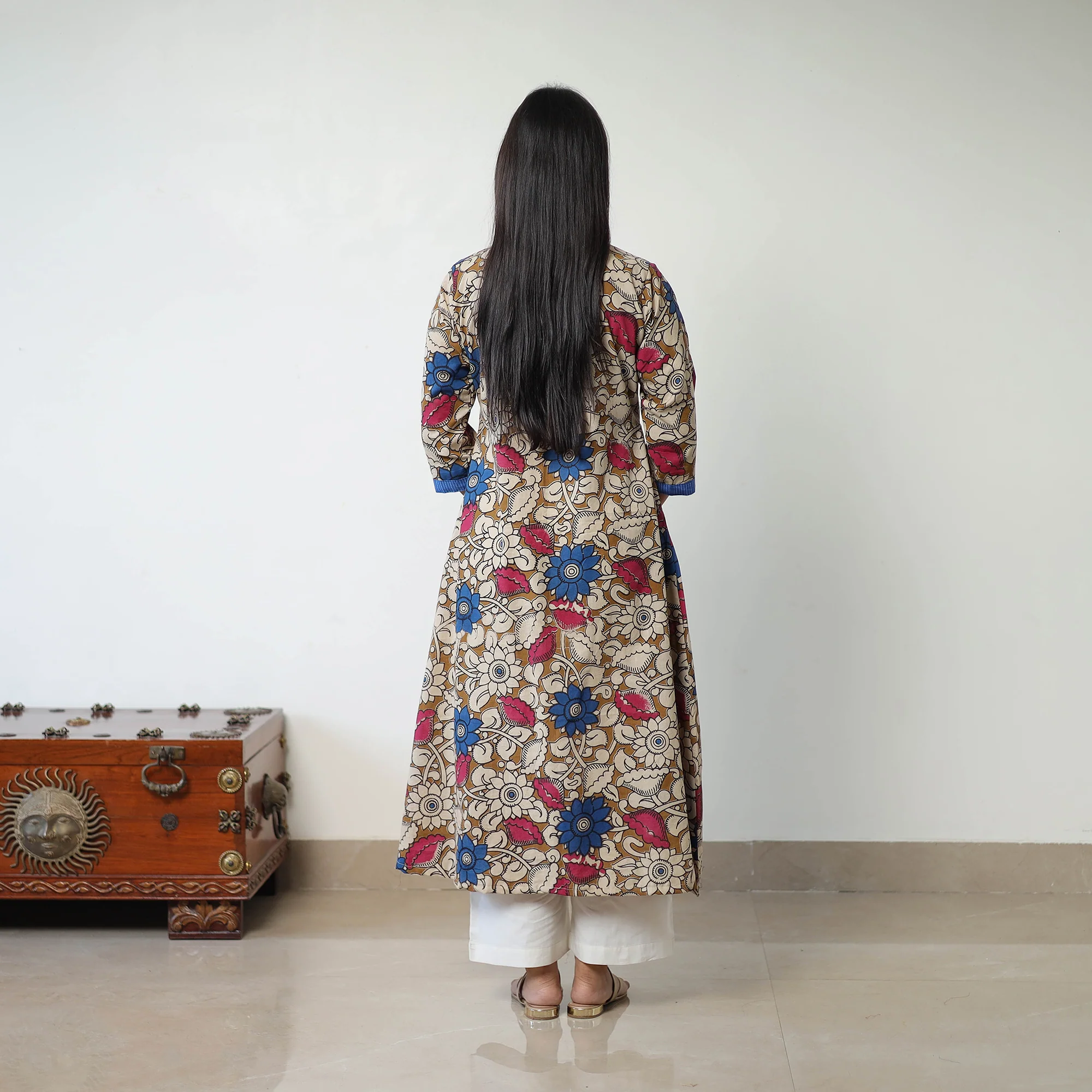 Brown - Printed Cotton Flared Kalamkari Kurta with Patchwork 05 - Image 4