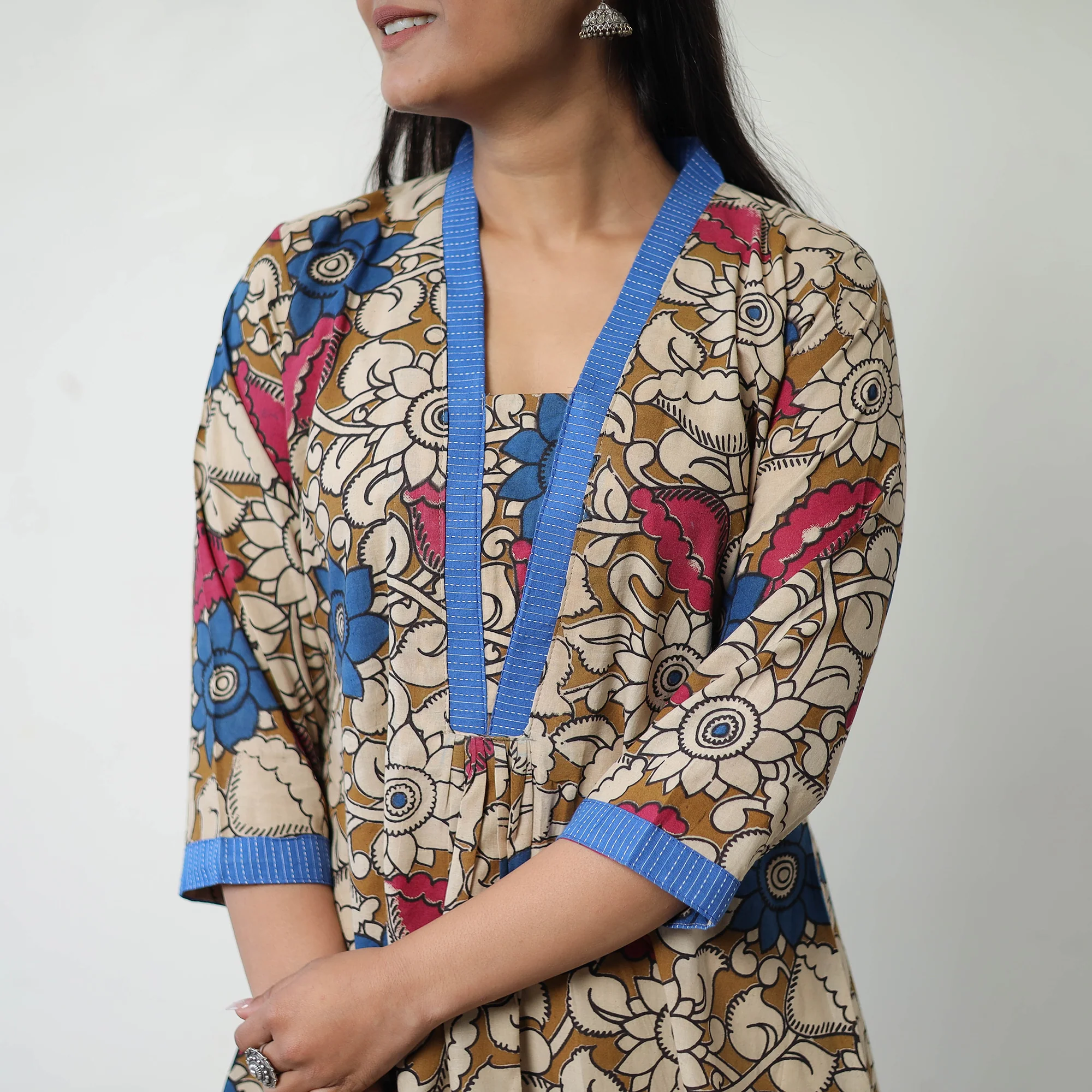 Brown - Printed Cotton Flared Kalamkari Kurta with Patchwork 05 - Image 5