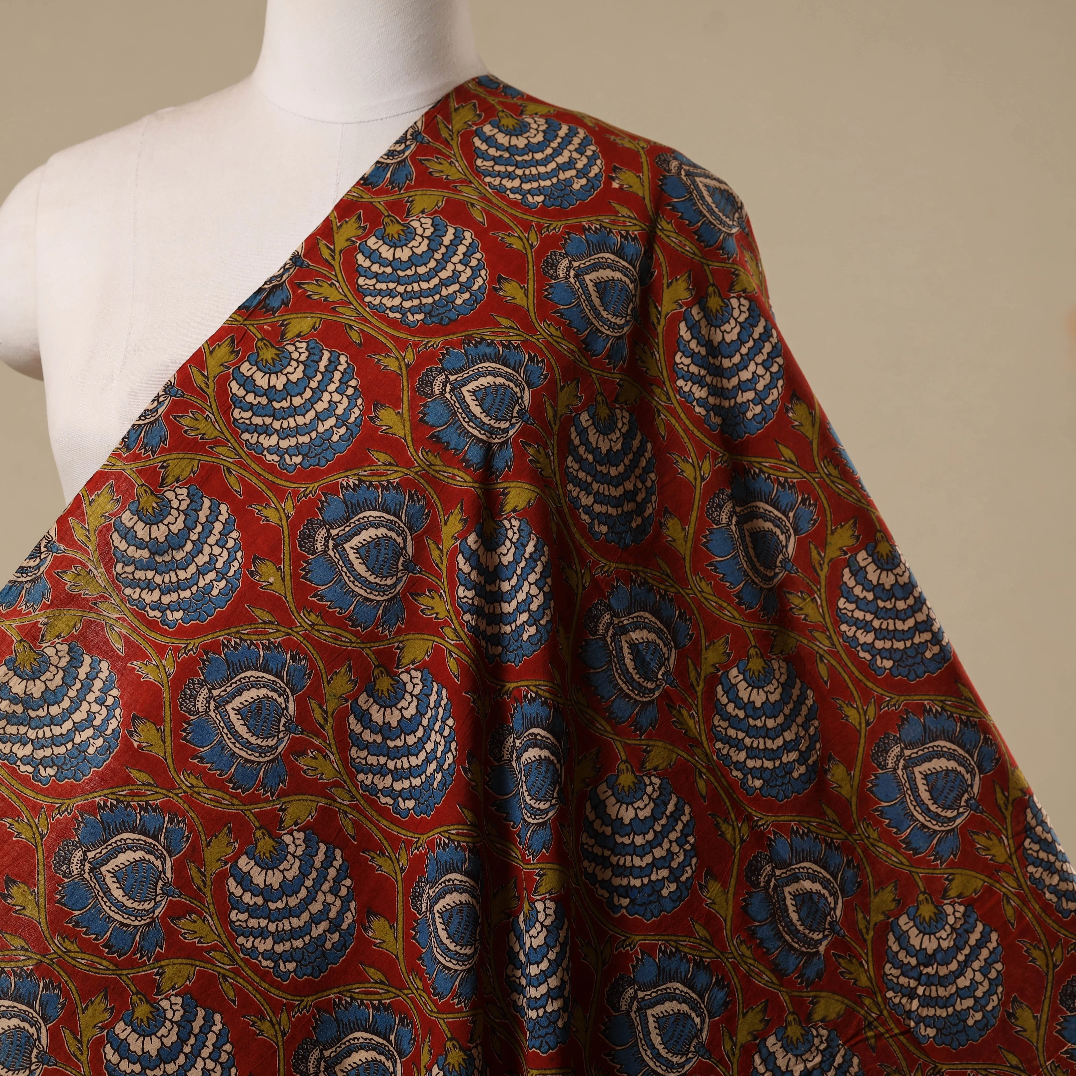 Red - Printed Cotton Kalamkari Fabric 19 - Image 2