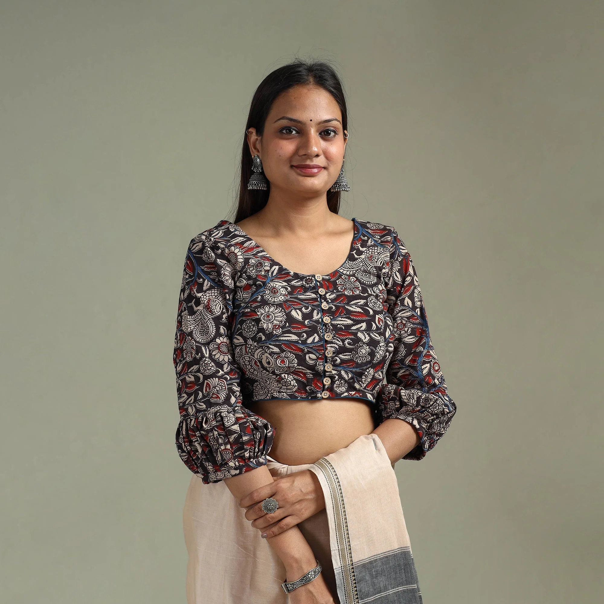 Black - Printed Cotton Kalamkari Readymade Blouse 06 - Image 2