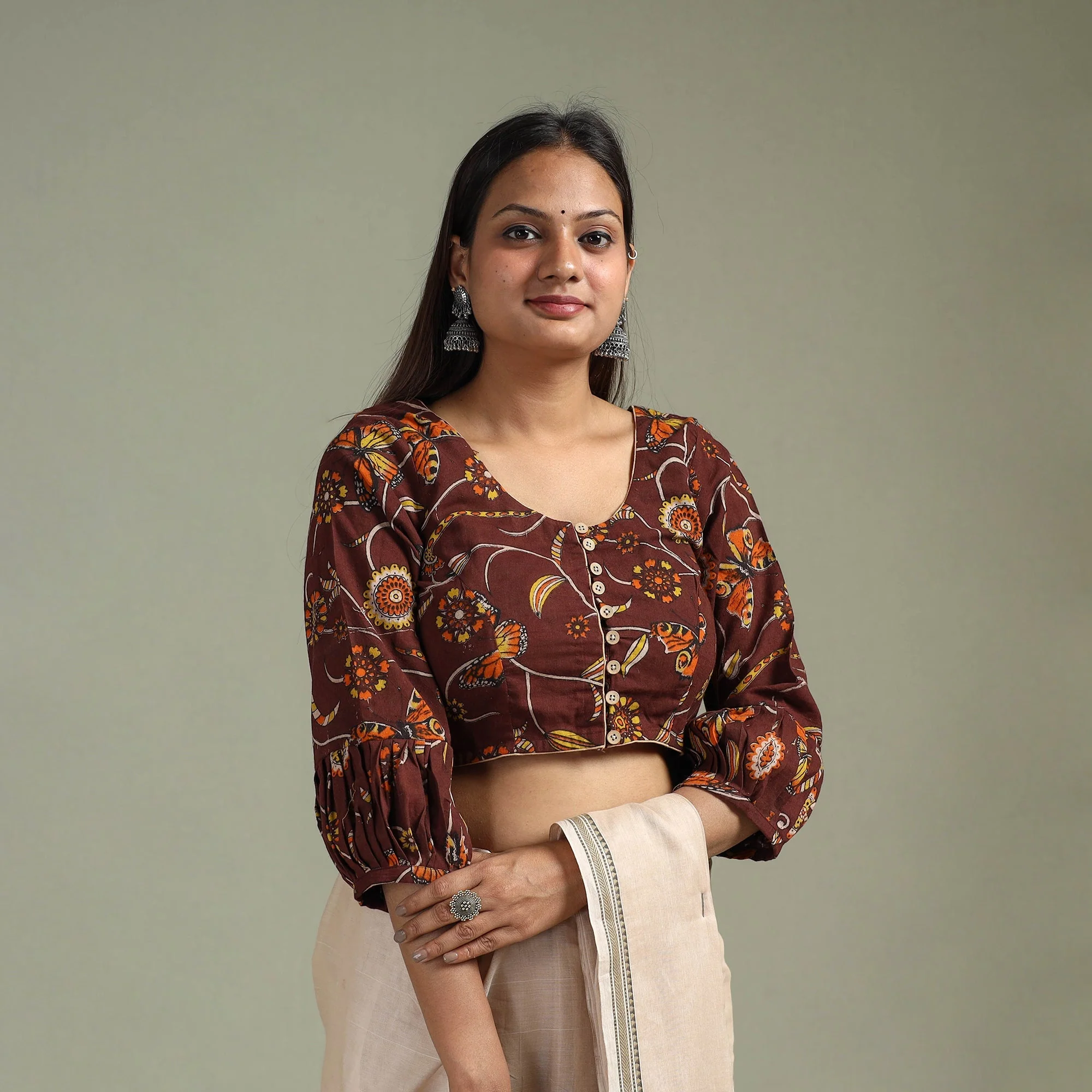 Brown - Printed Cotton Kalamkari Readymade Blouse 08 - Image 2