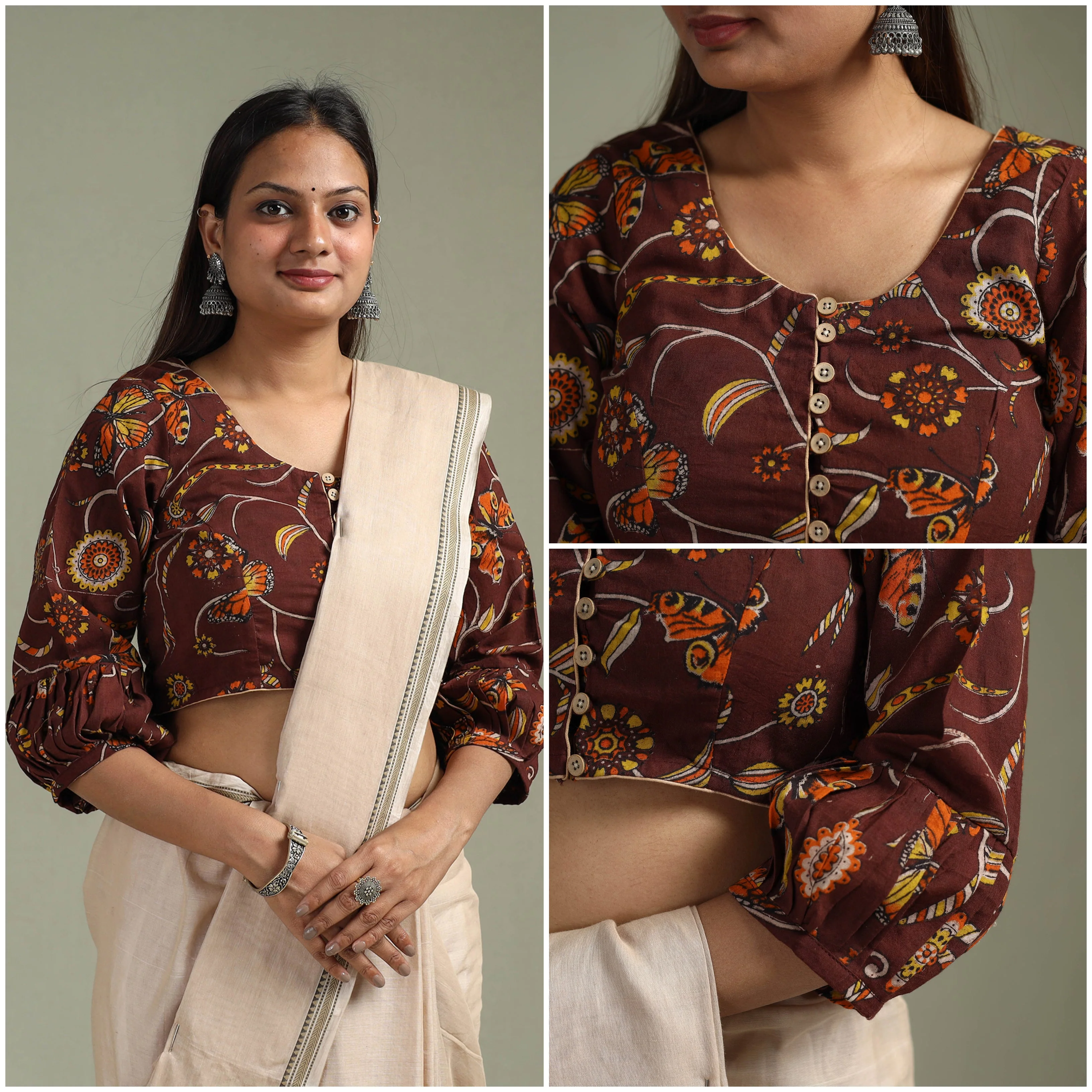Brown - Printed Cotton Kalamkari Readymade Blouse 08 - Image 3