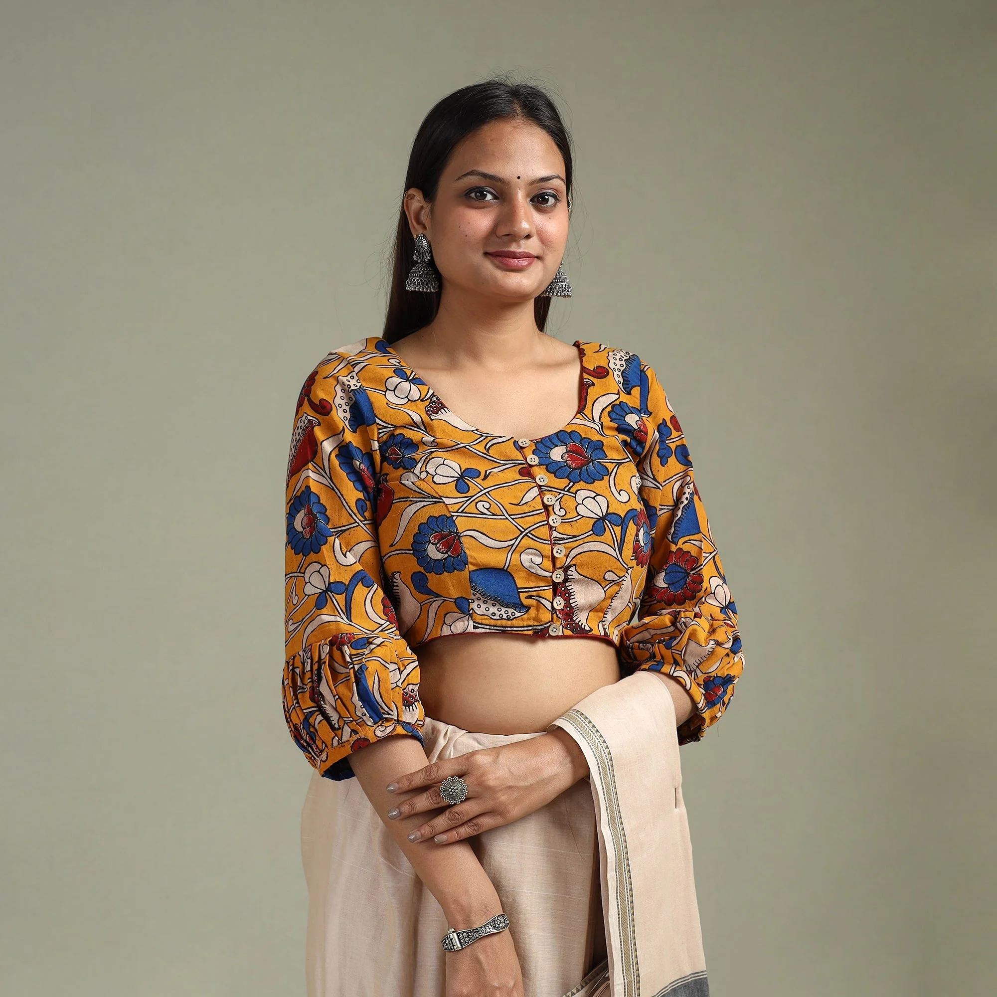 Yellow - Printed Cotton Kalamkari Readymade Blouse 10 - Image 2