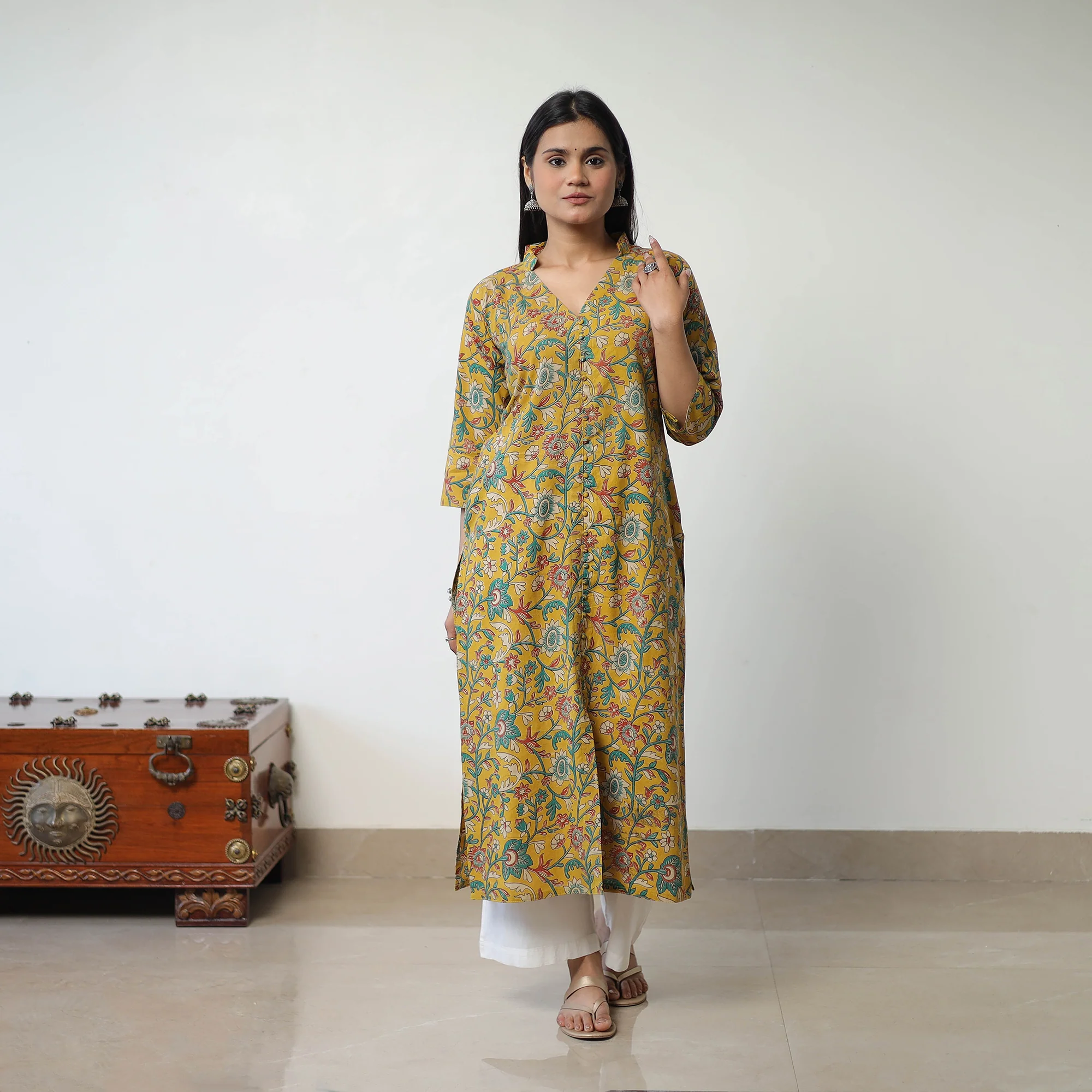 Yellow - Printed Cotton Straight Kalamkari Kurta 09 - Image 2
