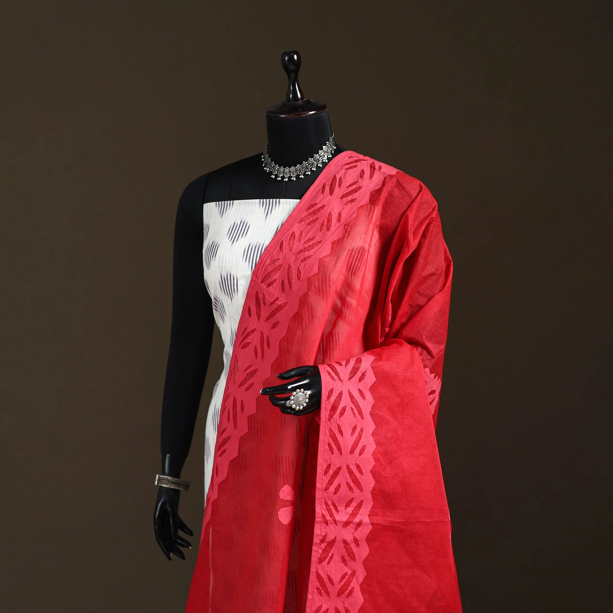 Pink - Pure Cotton Barmer Cutwork Applique Dupatta 05 - Image 2