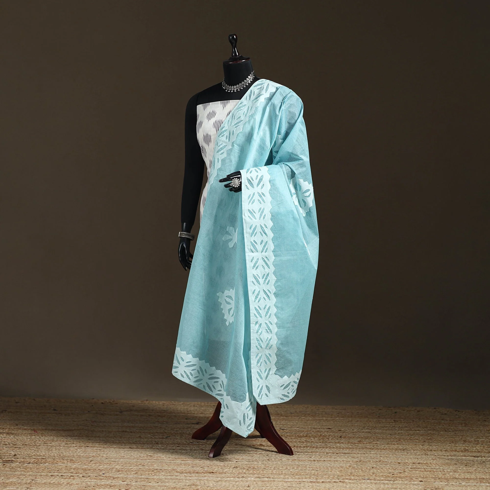 Blue - Pure Cotton Barmer Cutwork Applique Dupatta 08