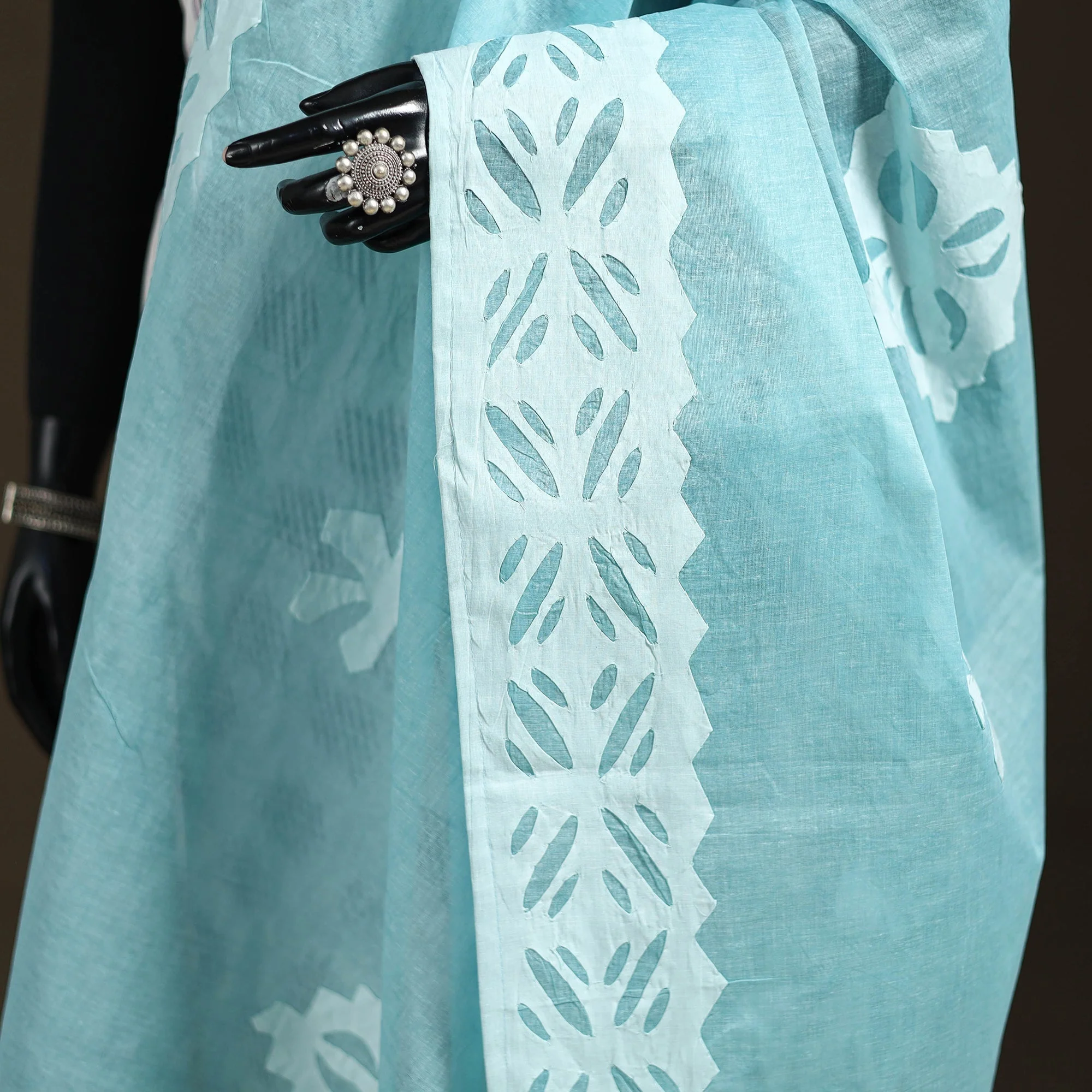 Blue - Pure Cotton Barmer Cutwork Applique Dupatta 08 - Image 3
