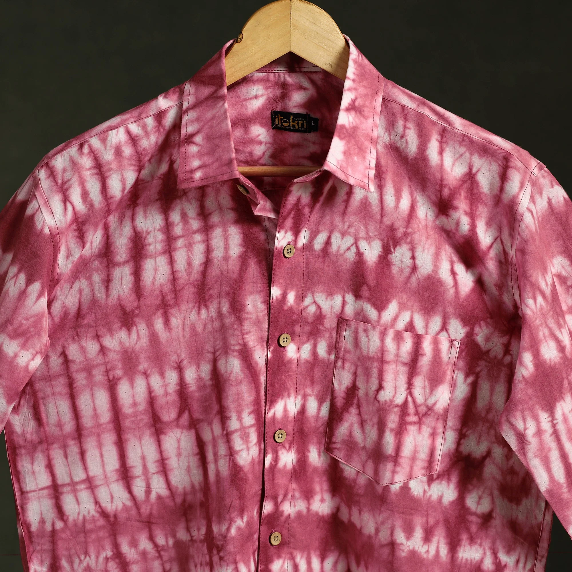 Pink - Pure Cotton Full Sleeve Tie-Dye Men Shibori Shirt 24 - Image 3