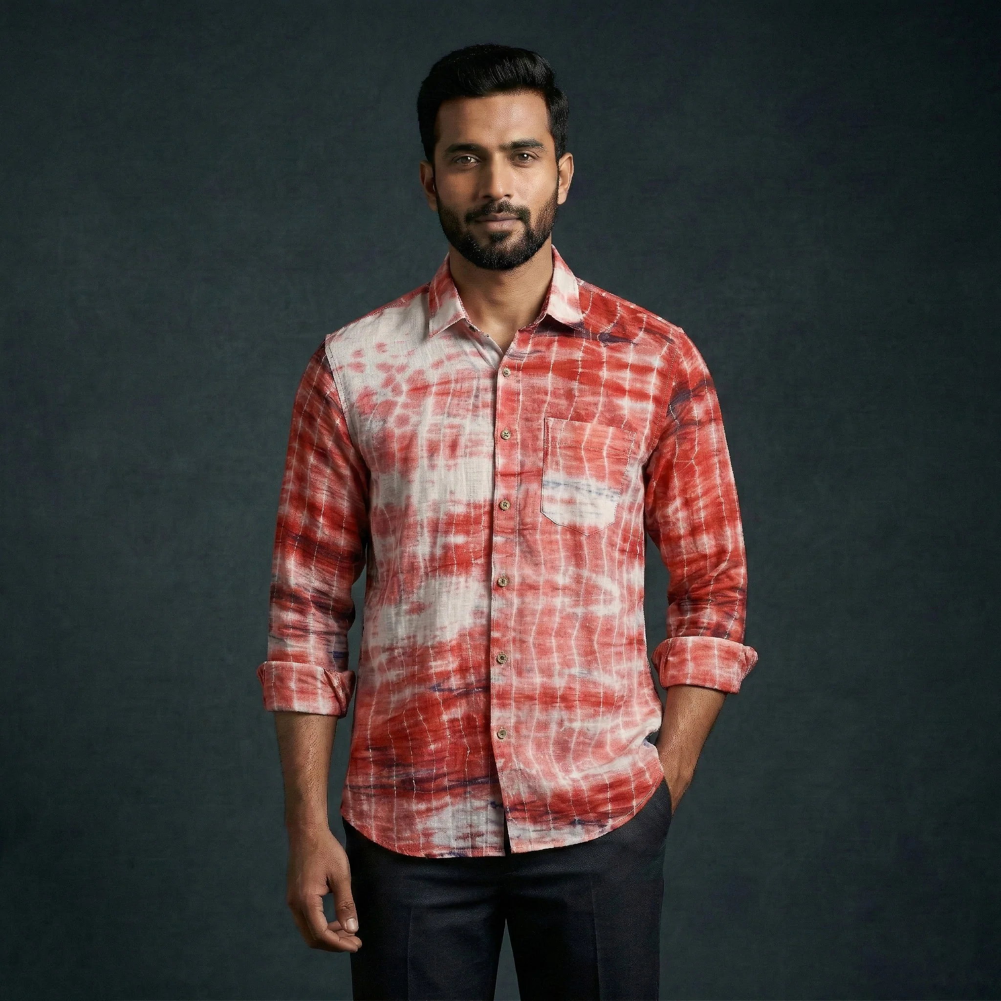 Red - Pure Cotton Full Sleeve Tie-Dye Men Shibori Shirt 25