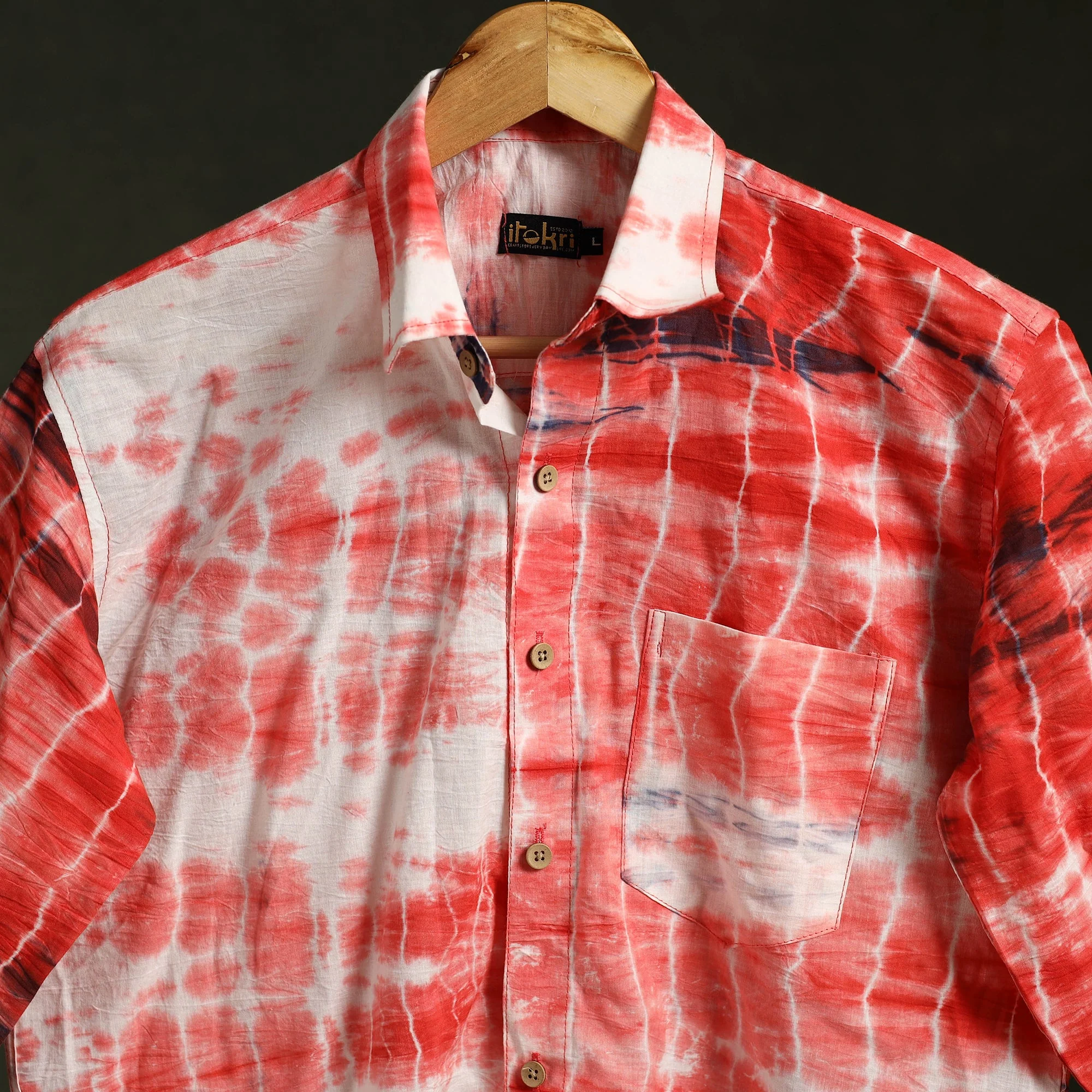 Red - Pure Cotton Full Sleeve Tie-Dye Men Shibori Shirt 25 - Image 3
