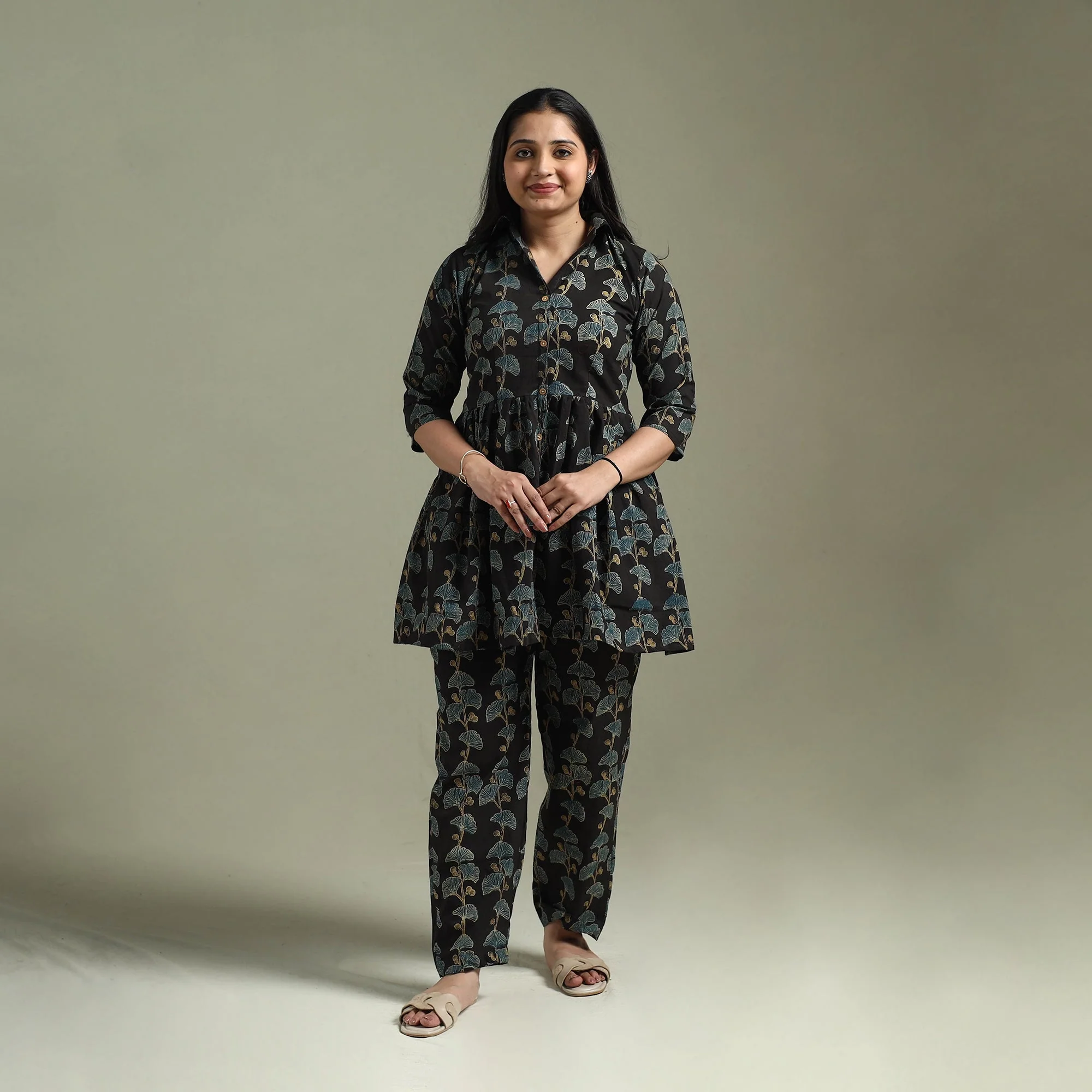 Black - Pure Cotton Natural Dyed Ajrakh Hand Block Print Night Suit Set 02