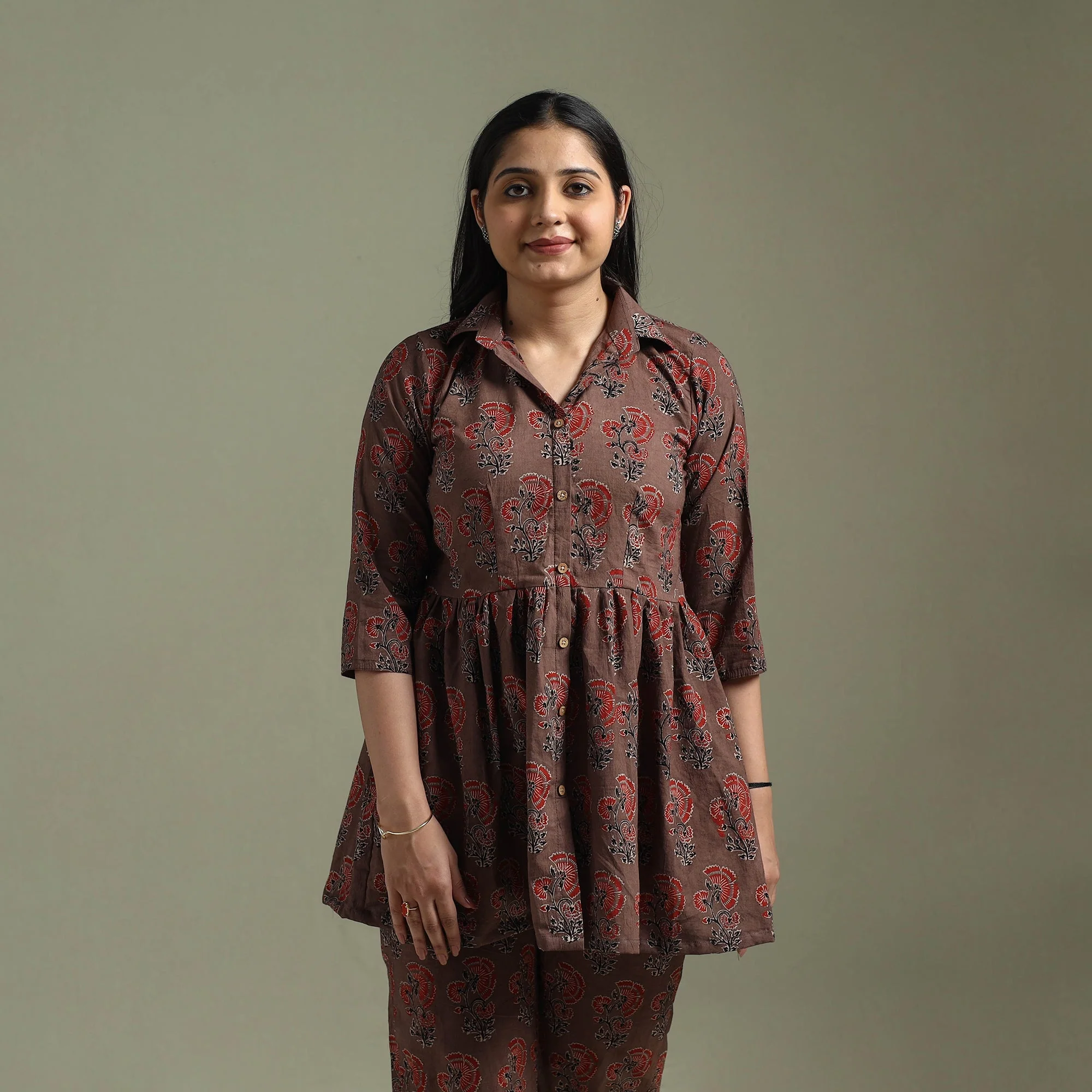 Brown - Pure Cotton Natural Dyed Ajrakh Hand Block Print Night Suit Set 03 - Image 3