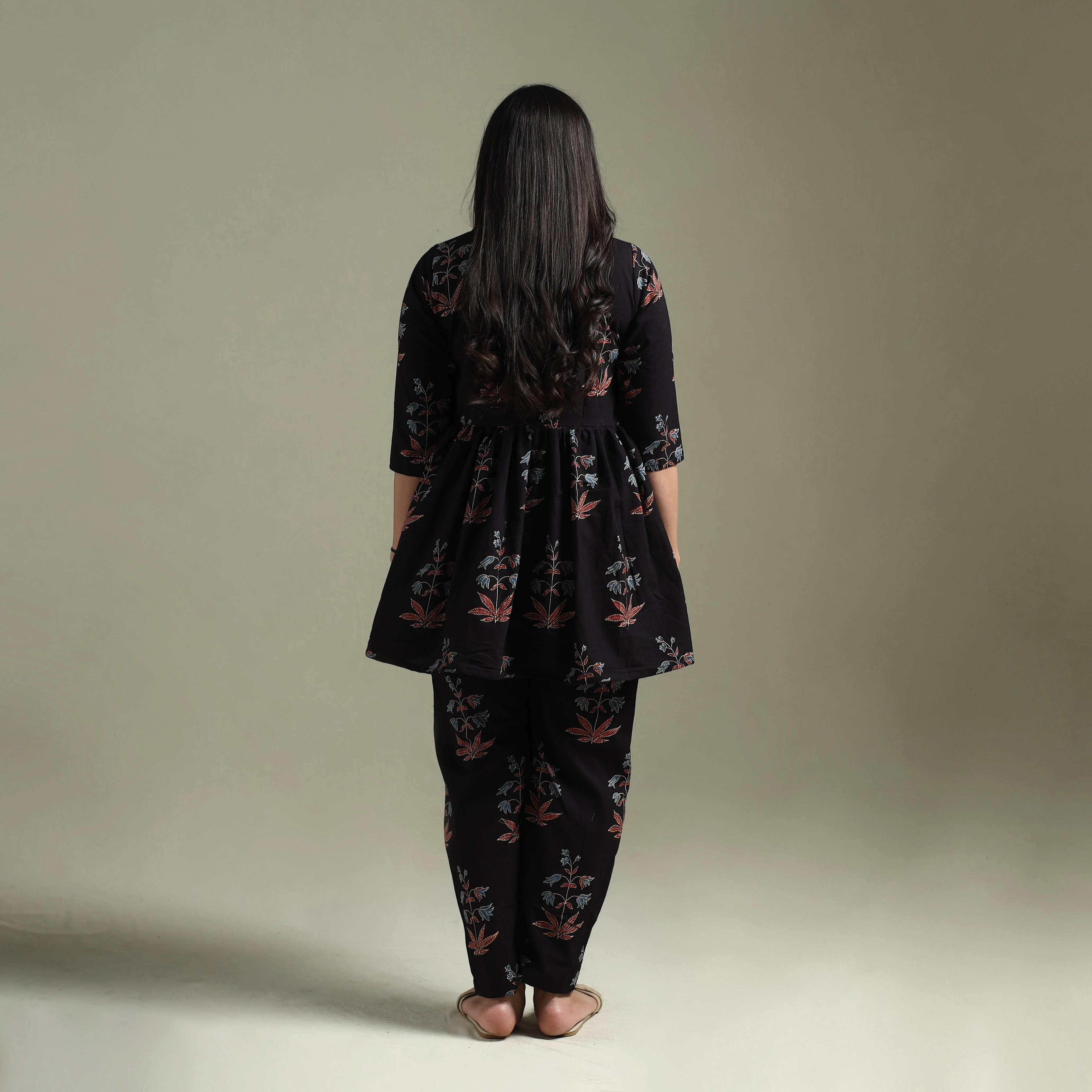 Black - Pure Cotton Natural Dyed Ajrakh Hand Block Print Night Suit Set 05 - Image 5